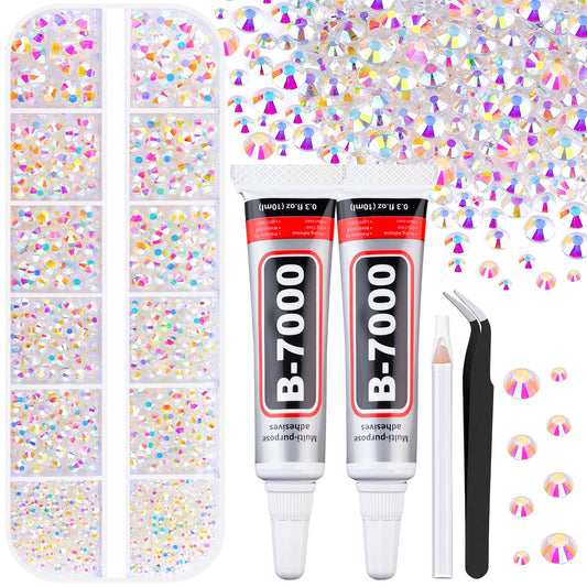 6100Pcs Jelly Resin Rhinestones for Crafting with 2Pcs 10ml B7000 Jewelry Glue, 1 Box Flatback Crystals Diamond (Transparent AB) for Bedazzling Crafts DIY Nail Art Non Hotfix Gems for Clothing Shoes