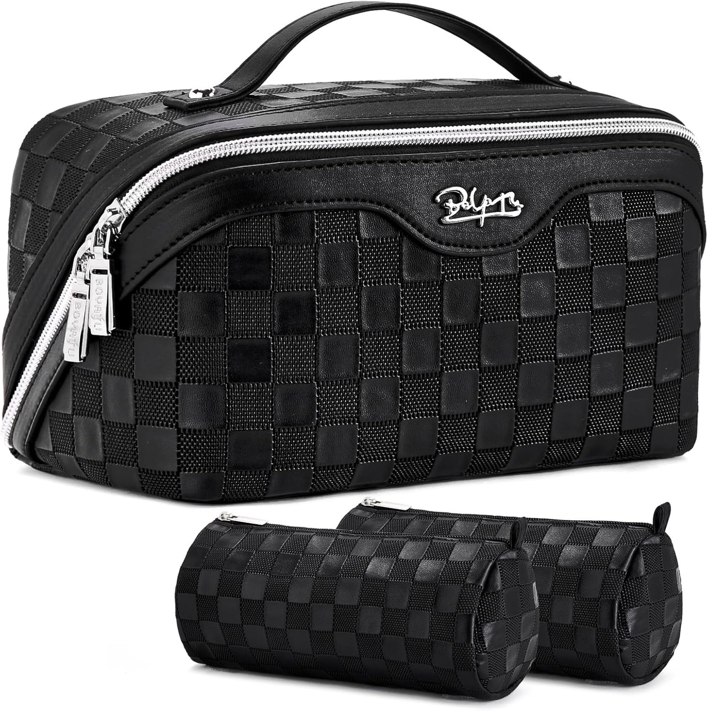 BOYATU Travel Makeup Bags for Women: Vegan Leather Cosmetic Bag Set of 3 - Large Capacity Make up Bag with Divider - Wide Open Waterproof Toiletry Organizer Bag with Handle (L13-Black)