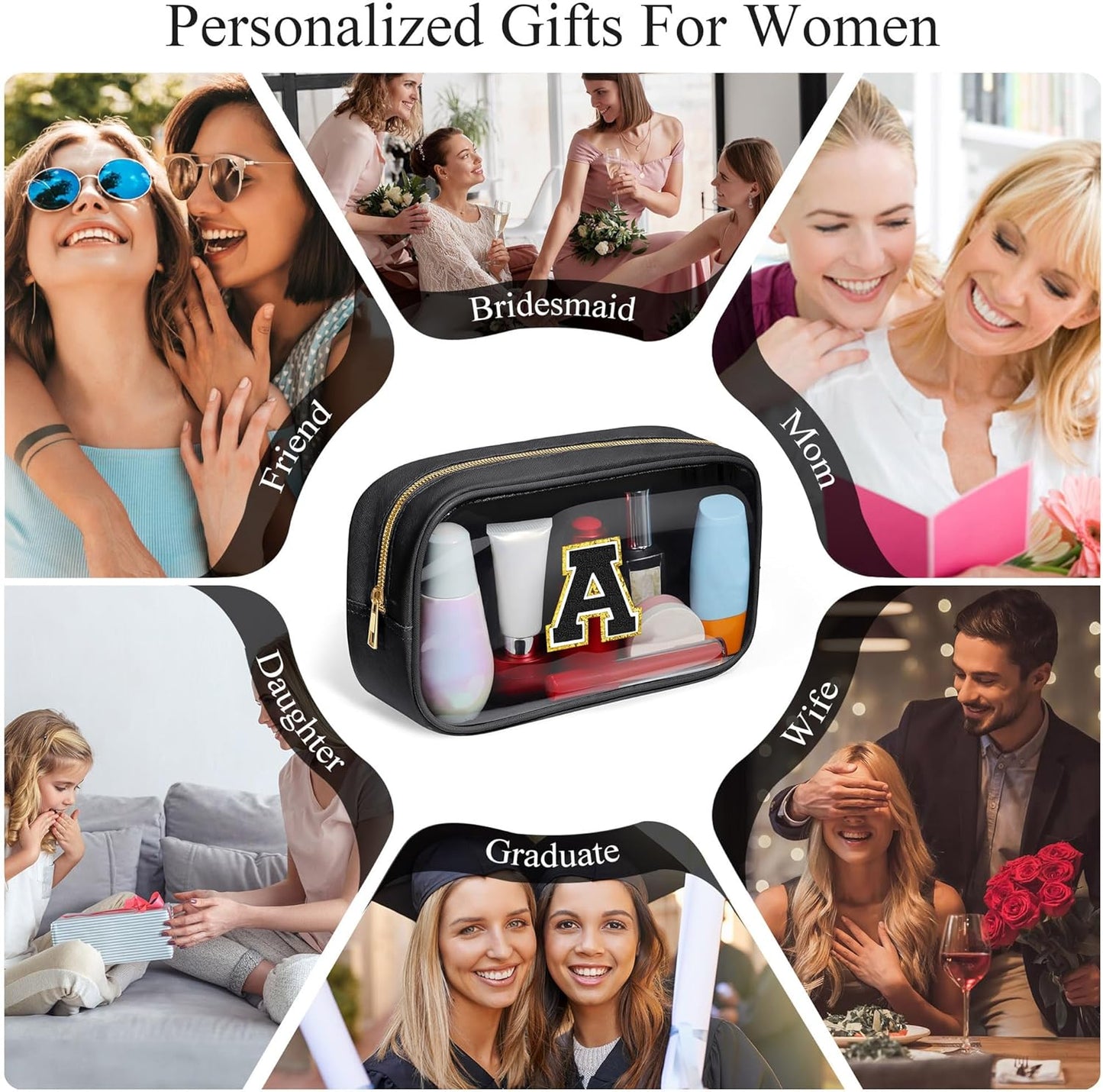 YOOLIFE Initial Makeup Bag Travel Toiletry Bag Clear Makeup Bag Cosmetic Bags Travel Essentials Gifts for Girls Teen Girlfriend Teacher Birthday Birthday Gifts for Kids Black Graduation Gifts A