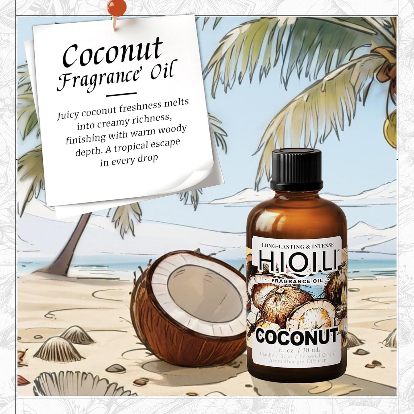 HIQILI Coconut Fragrance Oil for Home Diffuser, Ideal for Making Candle, Soap, Body Spray, Women's Perfume, Creamy Scents - 1 Fl Oz