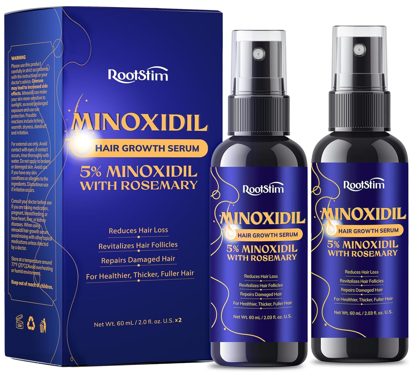 5% Minoxidil Hair Growth for Men and Women: 2-Pack Extra Strength Minoxidil Hair Loss Treatment Serum with Rosemary for Faster Stronger Thicker Hair Growth - 60ML Each