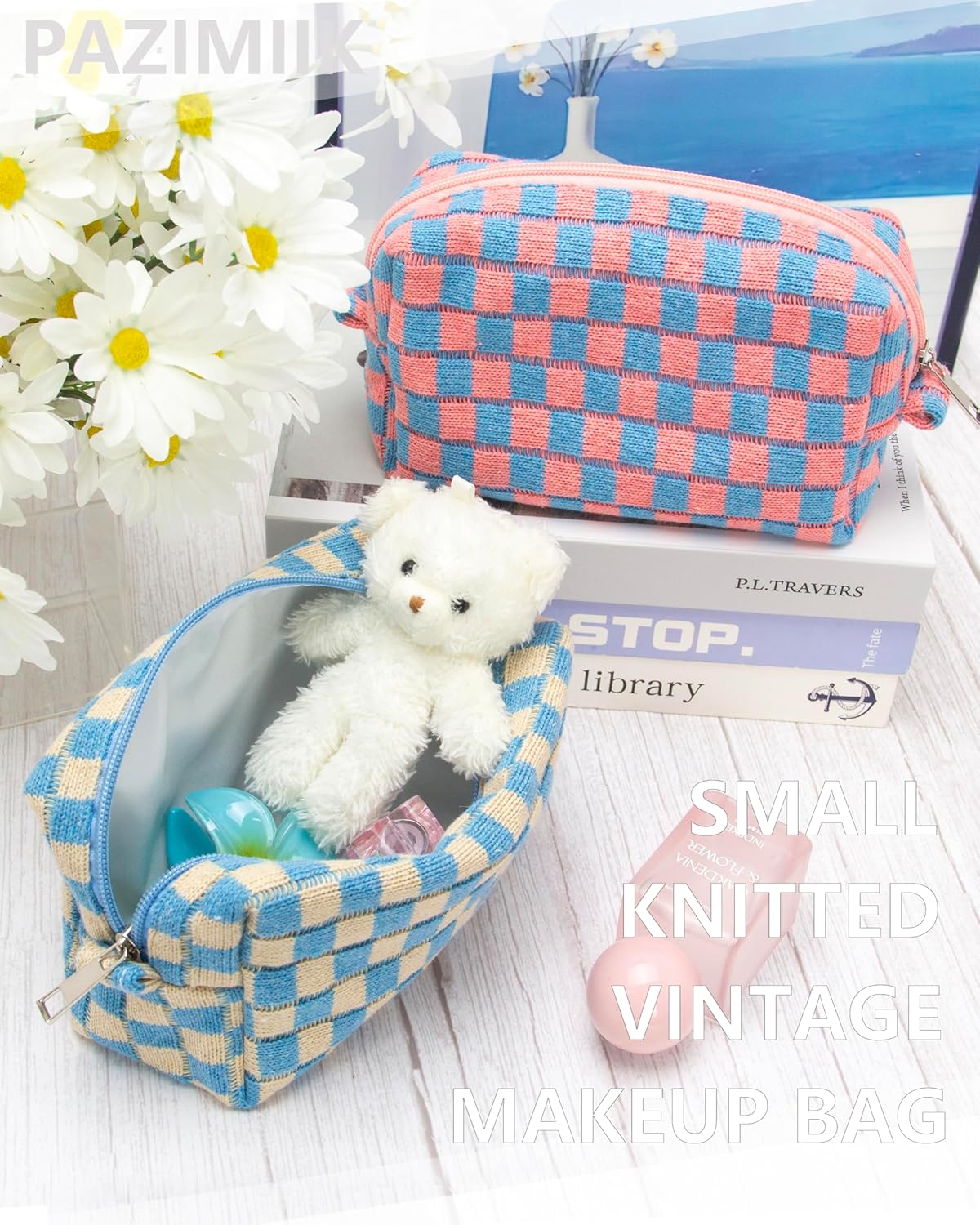 PAZIMIIK Checkered Makeup Bag for Purse Portable Zipper Make Up Pouch Small Cosmetic Case for Travel Accessories Blue Beige