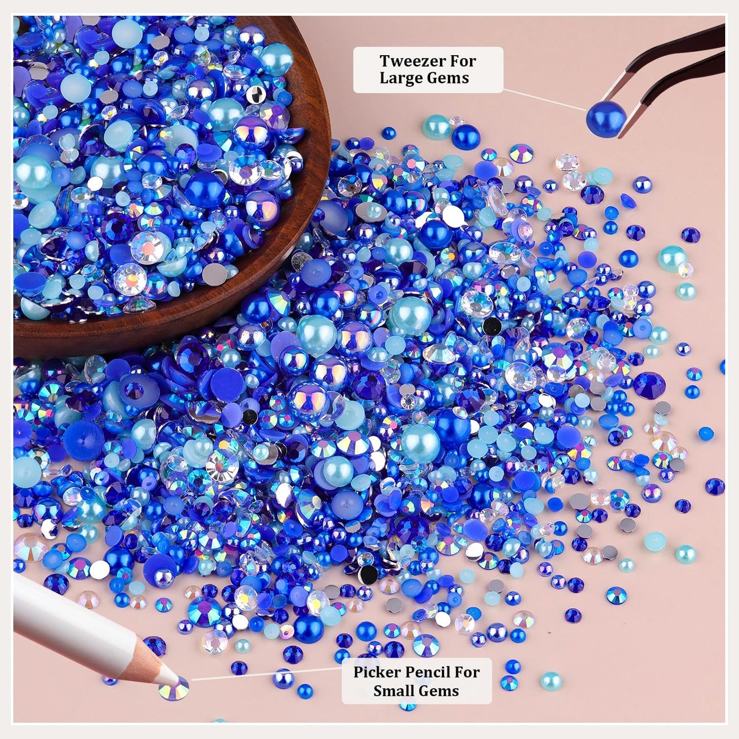 9000PCS Flatback Pearls and Rhinestones for Crafting, Dark Blue 3-10mm Resin Rhinestones and Half Pearls for Bedazzling, Nail Art and Dec with 3pcs B7000 Jewelry Glue, Tweezer and Pickup Pencil