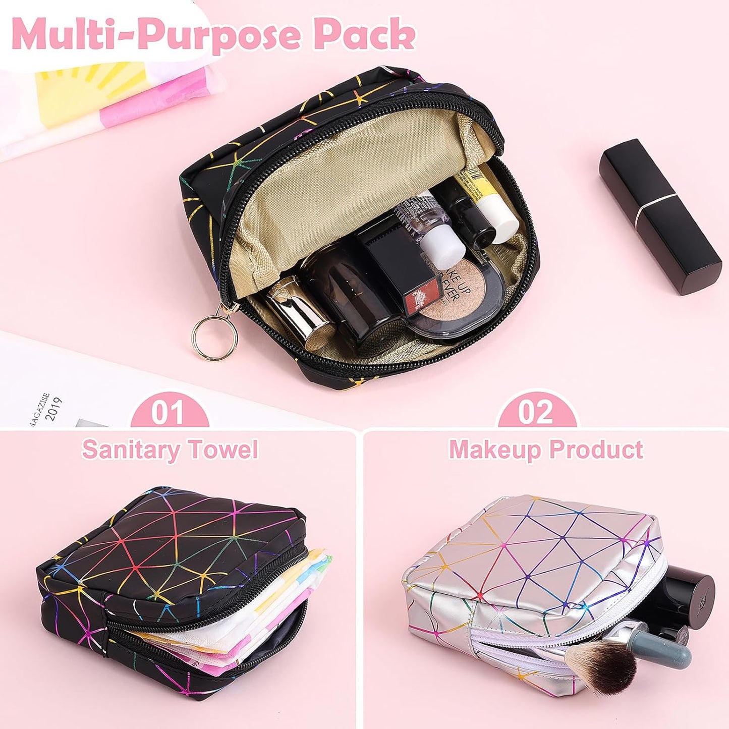 Desing Wish Sanitary Napkin Storage Bag, Menstrual Cup Pouch Nursing Pad Holder Tampon Bags Feminine Product Pouches Portable Period Kit Bag for Girls Women Ladies 2 Pack (Dazzling Black/Silver)