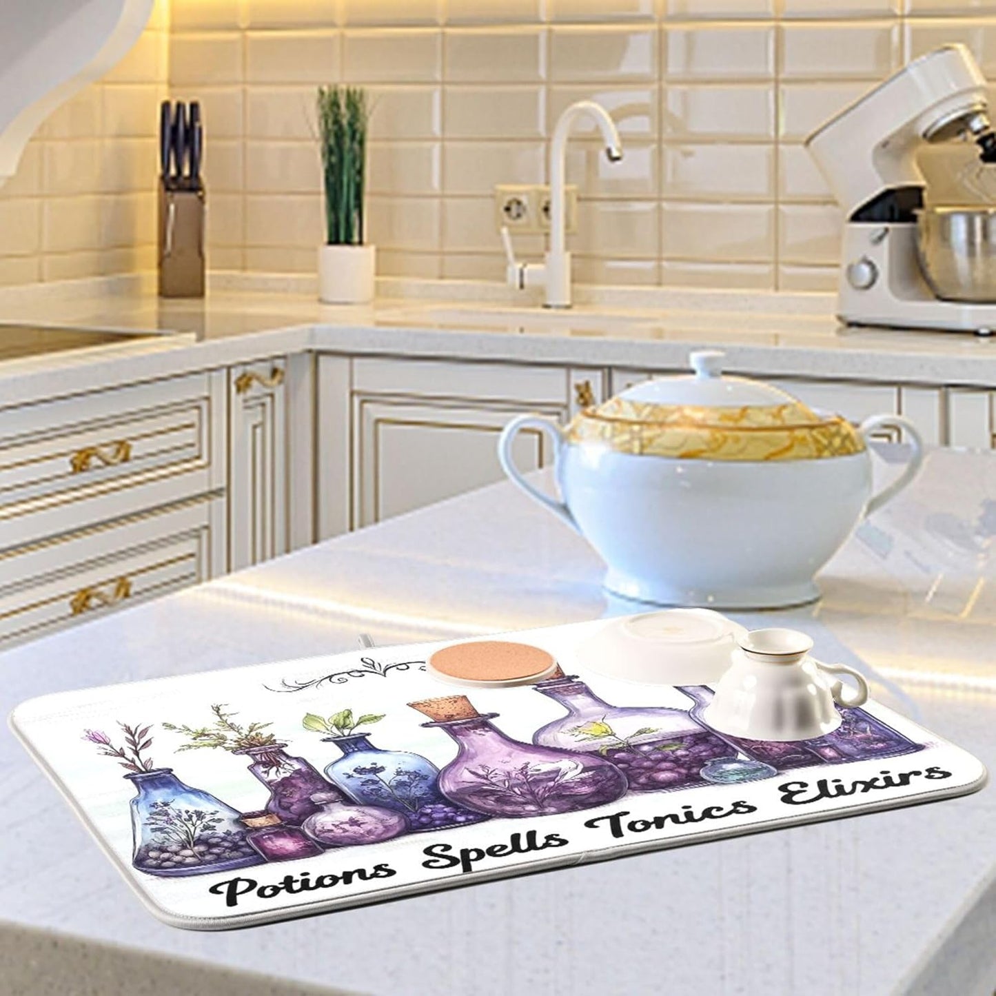 Halloween Potions Dish Drying Mat for Kitchen Countertop 18x24 Witch Herbs Purple Spooky Large Drying Mat Reusable Quick Dry Dish Sink Mats Easy Clean Decorative Essentials
