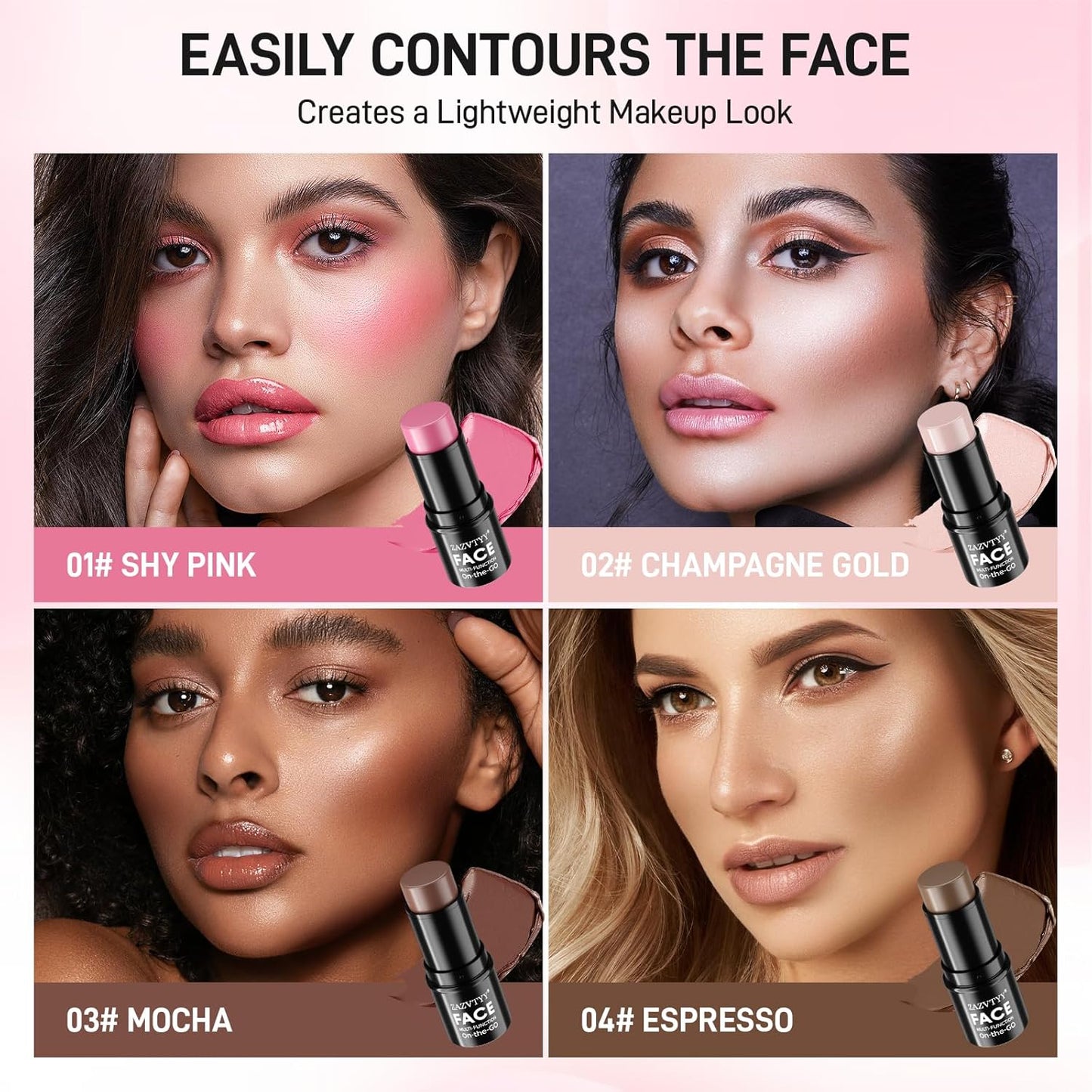 3Pcs Cream Contour Stick Makeup Kit,Shades with Highlighter Stick,Blush Stick and Bronzer Contour Stick for Sculpt the Cheeks,Long Lasting,Waterproof,Matte & Dewy Finish (Fair, 01# 02# 03#)