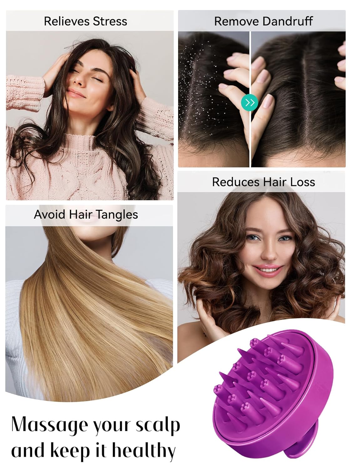 HEETA Hair Scalp Massager for Hair Growth, Shampoo Brush, Scalp Scrubber Exfoliator with Soft Silicone Bristles for Dandruff Removal to Relieve Stress, Wet Dry Use, Purple