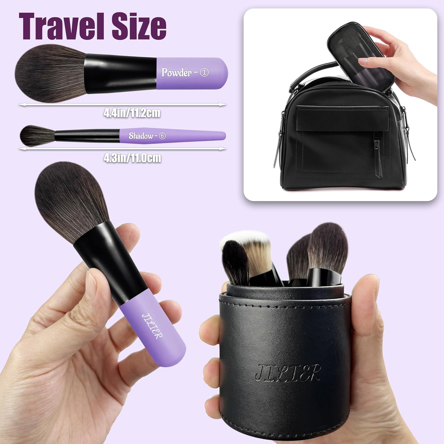 Jilier Travel Makeup Brush Set, 14 pcs Mini Makeup Brushes for Foundation, Powder, Eyeshadow, Highlight, Contour, Blush & Concealer, Small Makeup Brush Set Purse Size with Case (Purple)