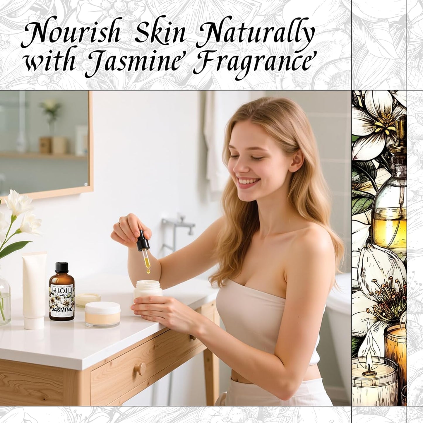 HIQILI Jasmine Fragrance Oil for Aromatherapy Diffuser, Floral Scent for Candle, Perfume Making, Skin Care, Laundry Essential Oil - 1 Fl Oz