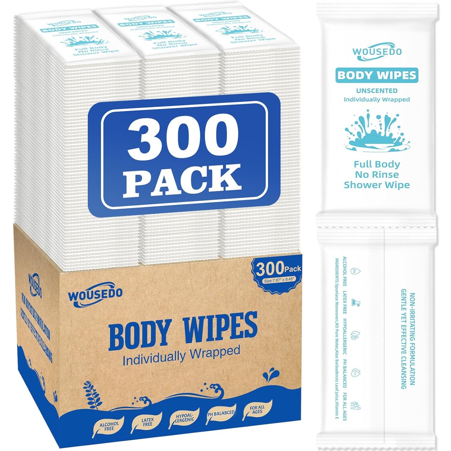 300 Pcs Ultra Thick Soft Large Body Wipes Individually Wrapped(7.87" x 9.45"),Shower Wipes for Adults Bathing No Rinse,Personal Cleansing Wipes for Travel Gym,Bulk Deodorant for Homeless(White)