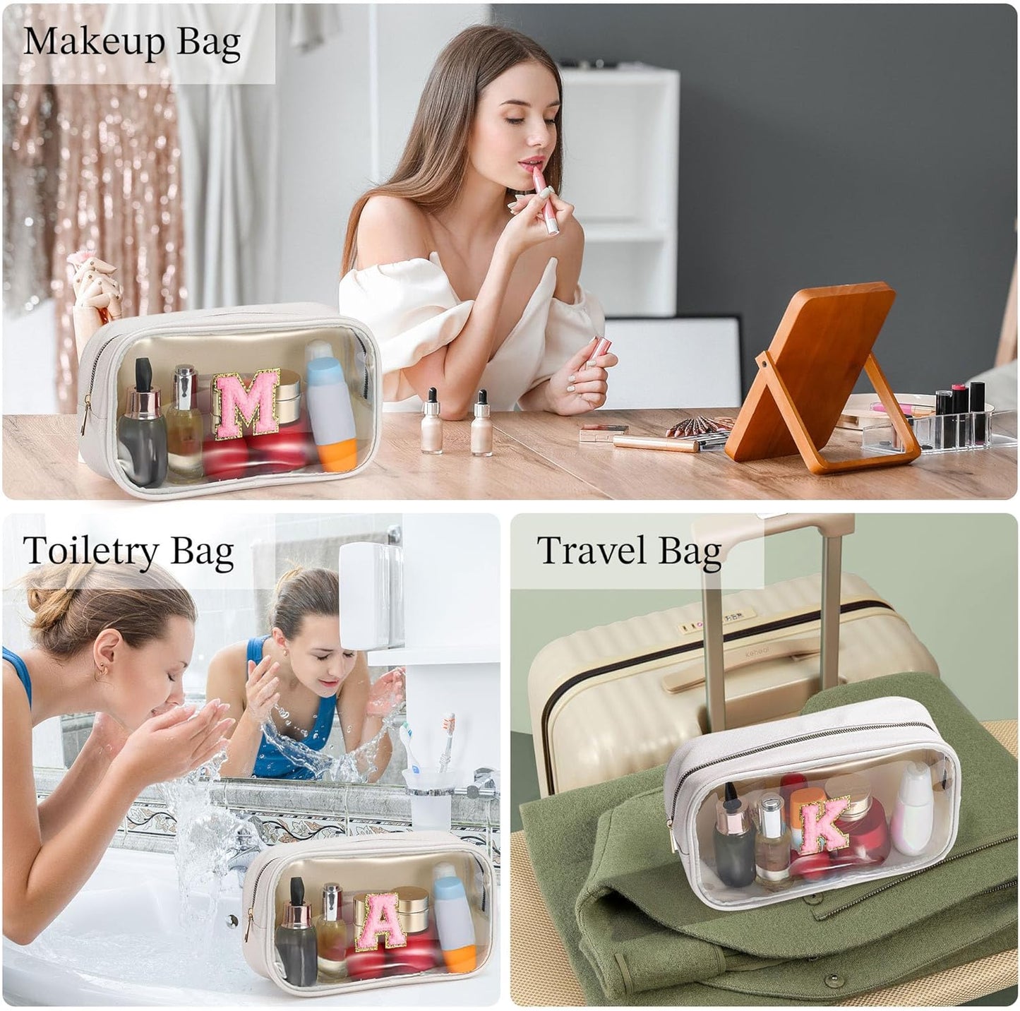 YOOLIFE Initial Make Up Bag Travel Toiletry Bag, Clear Makeup Bag Preppy Cosmetic Bag Clear Makeup Bags With Zipper Girlfriend Teacher 6 Year Old Girl Gifts Daughter Gifts Swim Gifts For Girls White M