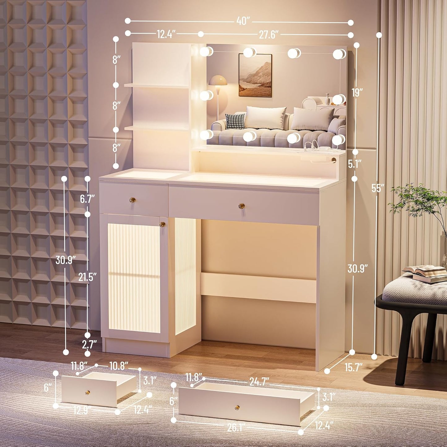 40" Vanity Desk with Large Mirror and Lights, Modern Glass Top Makeup Vanity Set with Power Outlet, Drawers and Cabinet, 3 Lighting Color Adjustable Dressing Table for Bedroom,White