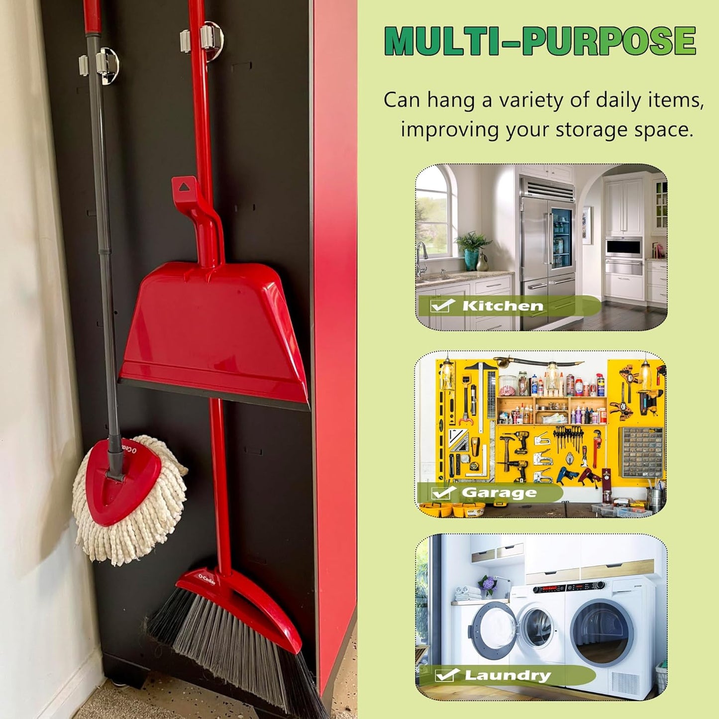 ULIBERMAGNET Magnetic Mop Broom Holder,Heavy Duty Movable Magnetic Tools Holder,Anti-slip Magnetic Mounted Utility Storage Mop Shovel Hanger for Garage, Kitchen, Laundry, Garden(4 Pack/Silver)