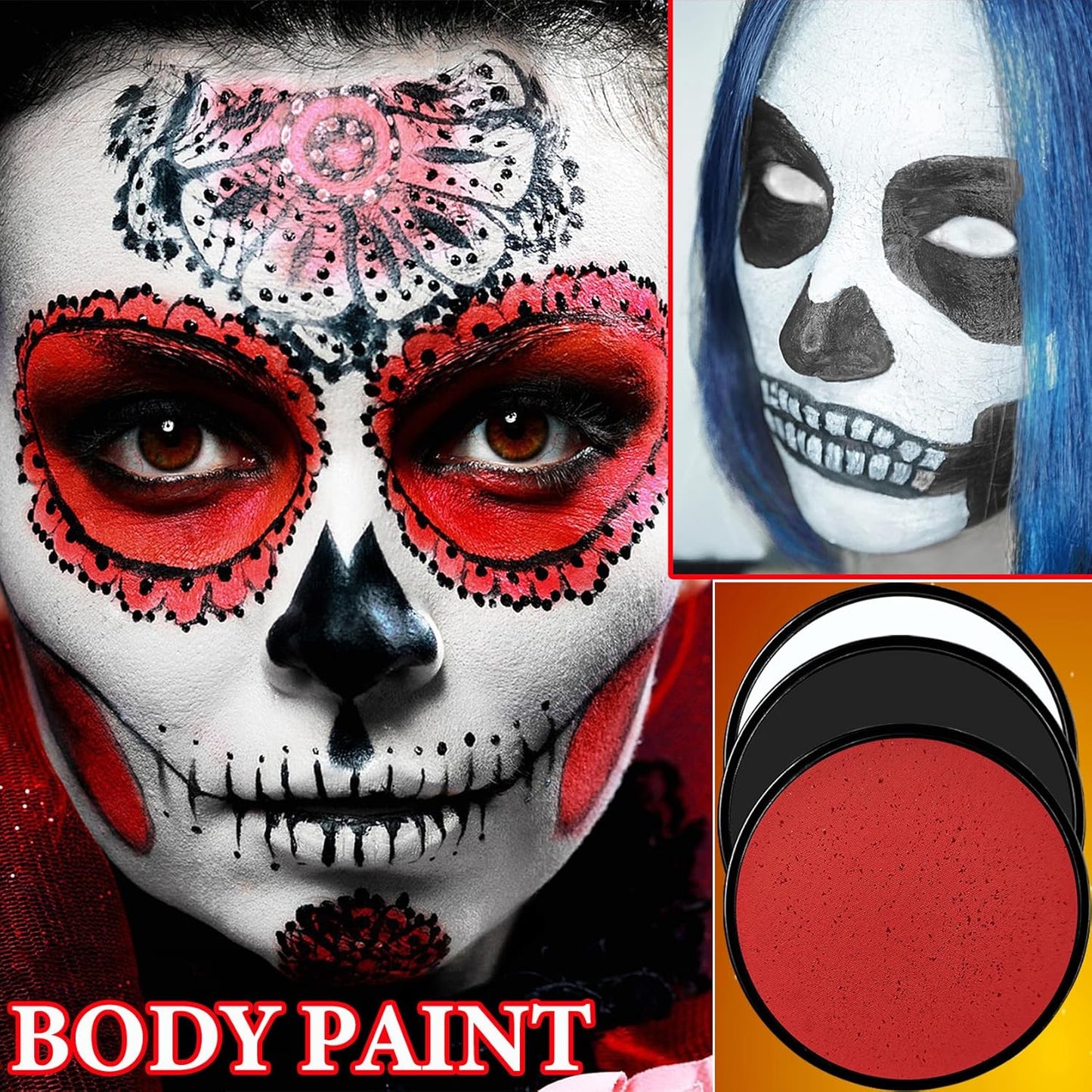 3 Pcs Halloween Face Paint Special Effects Makeup Kit,Water-based Black White Red Face Body Paint,Clown Cosplay SFX Joker Zombie White Makeup Professional Face Painting Kit for Adult