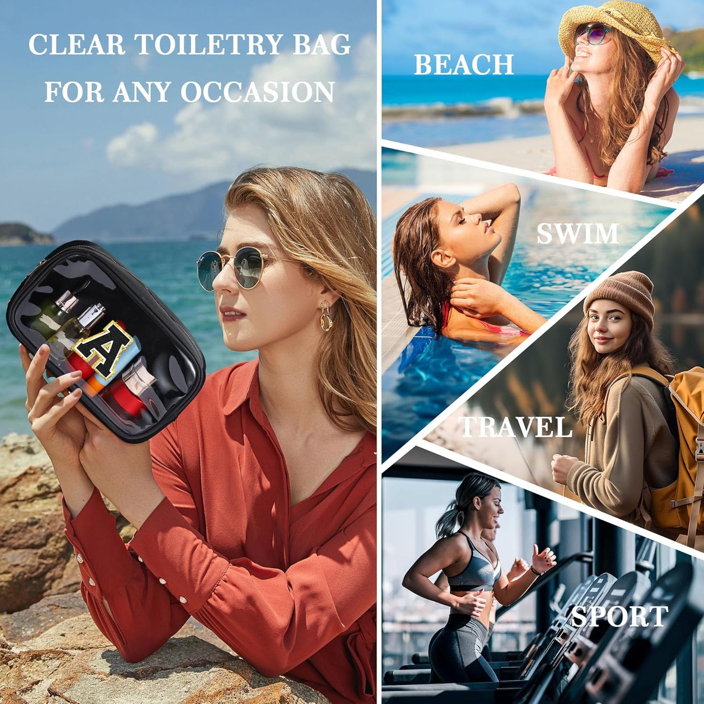 YOOLIFE Initial Travel Essentials Makeup Bag, Make Up Bag Skin Care Clear Toiletry Bag Pouch Cosmetic Bag Case Large Makeup Bag Personalized Birthday Gifts for Women Teacher Mom Teen Friends Black V