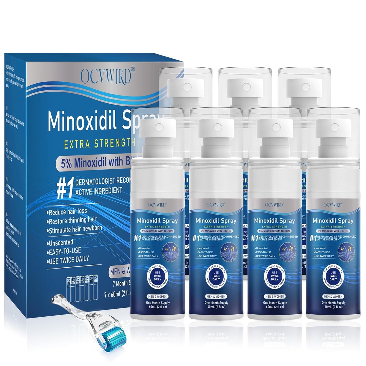 5% Minoxidil for Men and Women, Regrowth Serum, Extra Strength Spray for Hair Loss, Minoxidil 5 Percent, Thicker Healthier Hair, Beard Growth Kit, Topical Treatment, 60ml x 7 Bottles（Extra Strength）