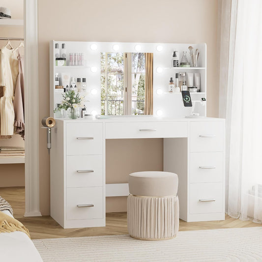 YESHOMY Vanity Desk with Mirror, Power Outlet and 10 Lights, Makeup Table with 7 Drawers, 3 Color Modes Available for Bedroom, Pure White