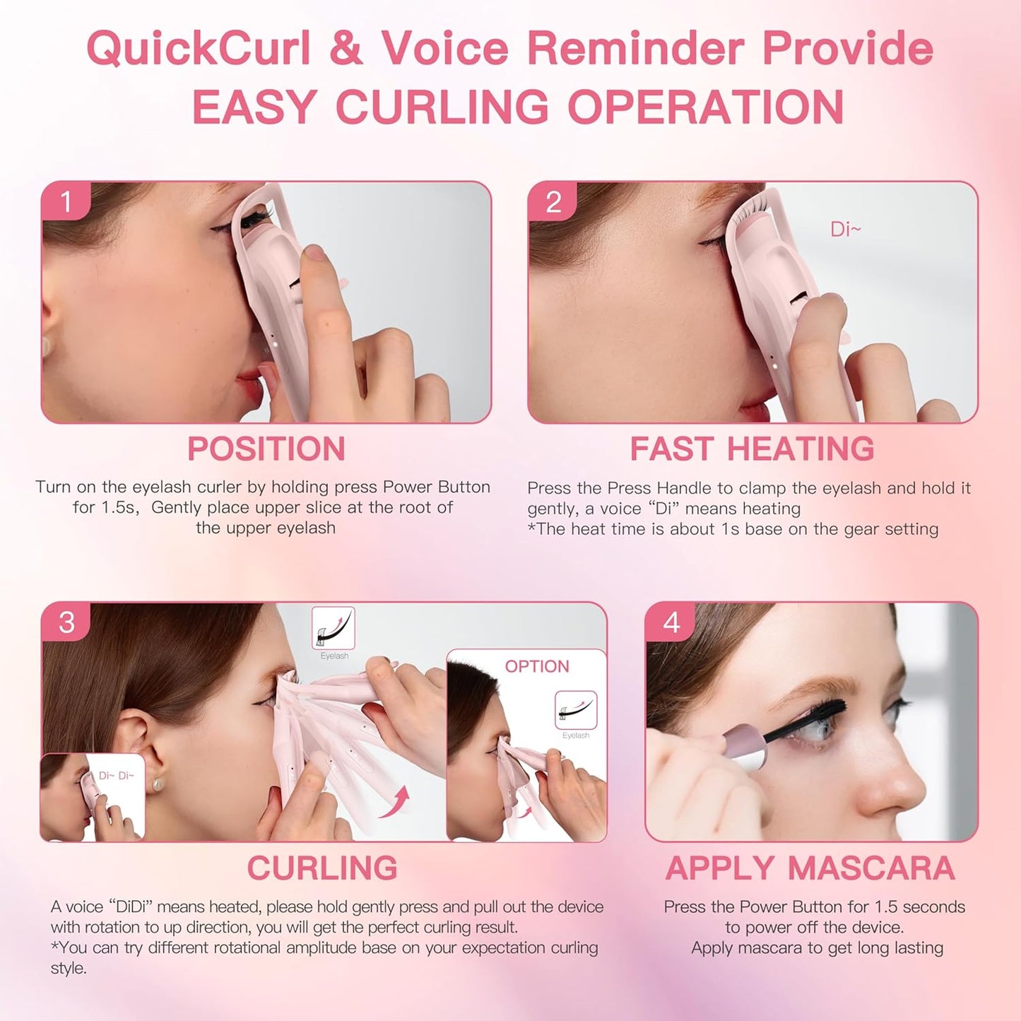 Heated Eyelash Curler Innovative, QuickCurl 2S Heat Up, Naturally Lash Curler 70°C/85°C Adjustable Heat, Safe Food-Grade Silicone, 600mAh Battery Portable Size for Travel (Pink)