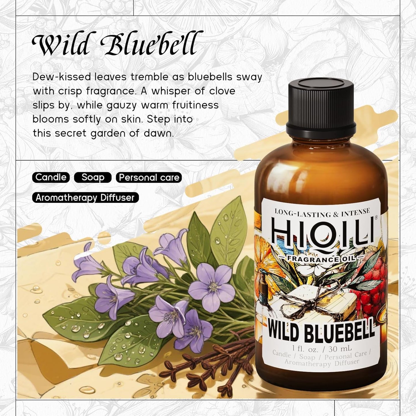 HIQILI Wild Bluebell Fragrance Oil for Candles, Soaps Making, Inspired by J-M.Lone Wild-Blubell, and More DIY Projects, Diffuser, Green Scents for Closets, Drawers - 1 Fl Oz