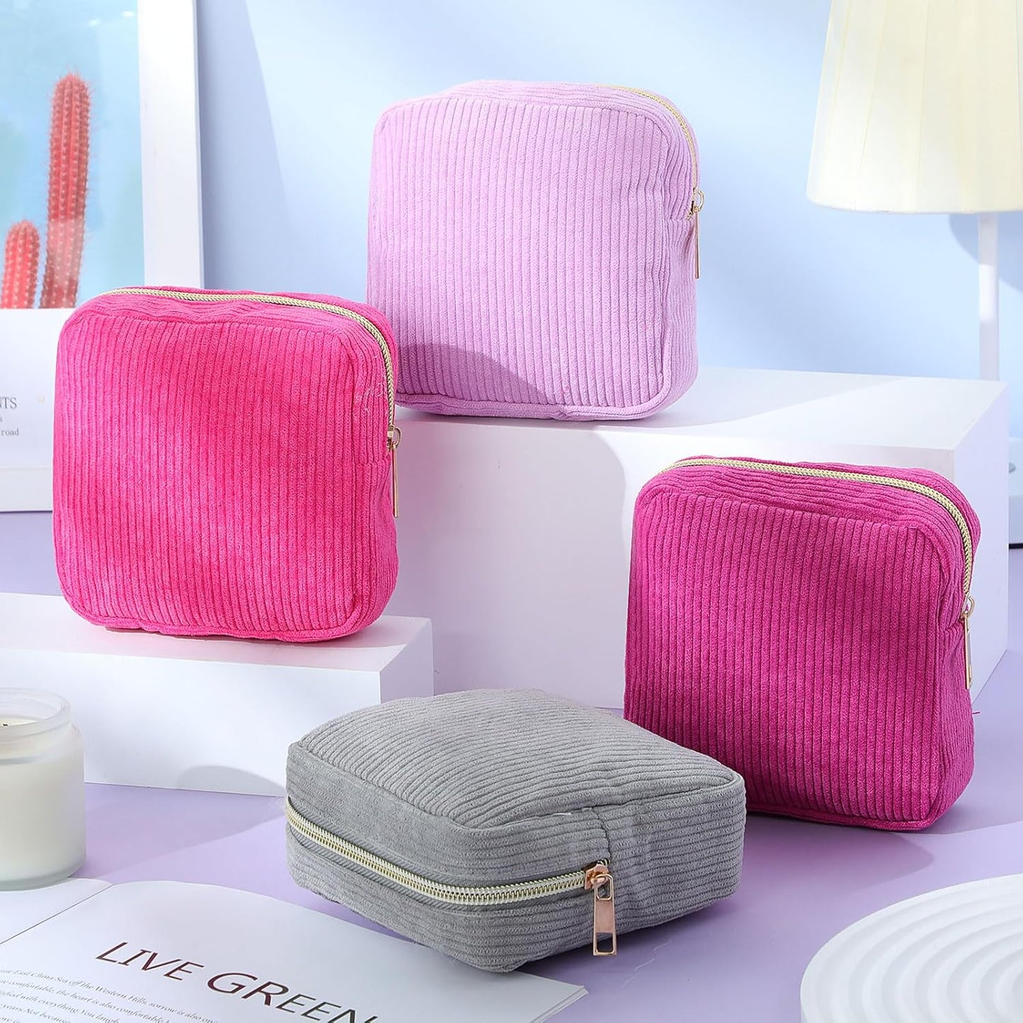 4 Pcs Sanitary Napkin Storage Bag Corduroy Period Bag for School Teen Mini Makeup Preppy Cosmetic Wallet Set for Women Portable First Period Cute Pad Pouch with Zipper (Purple Grey Series)