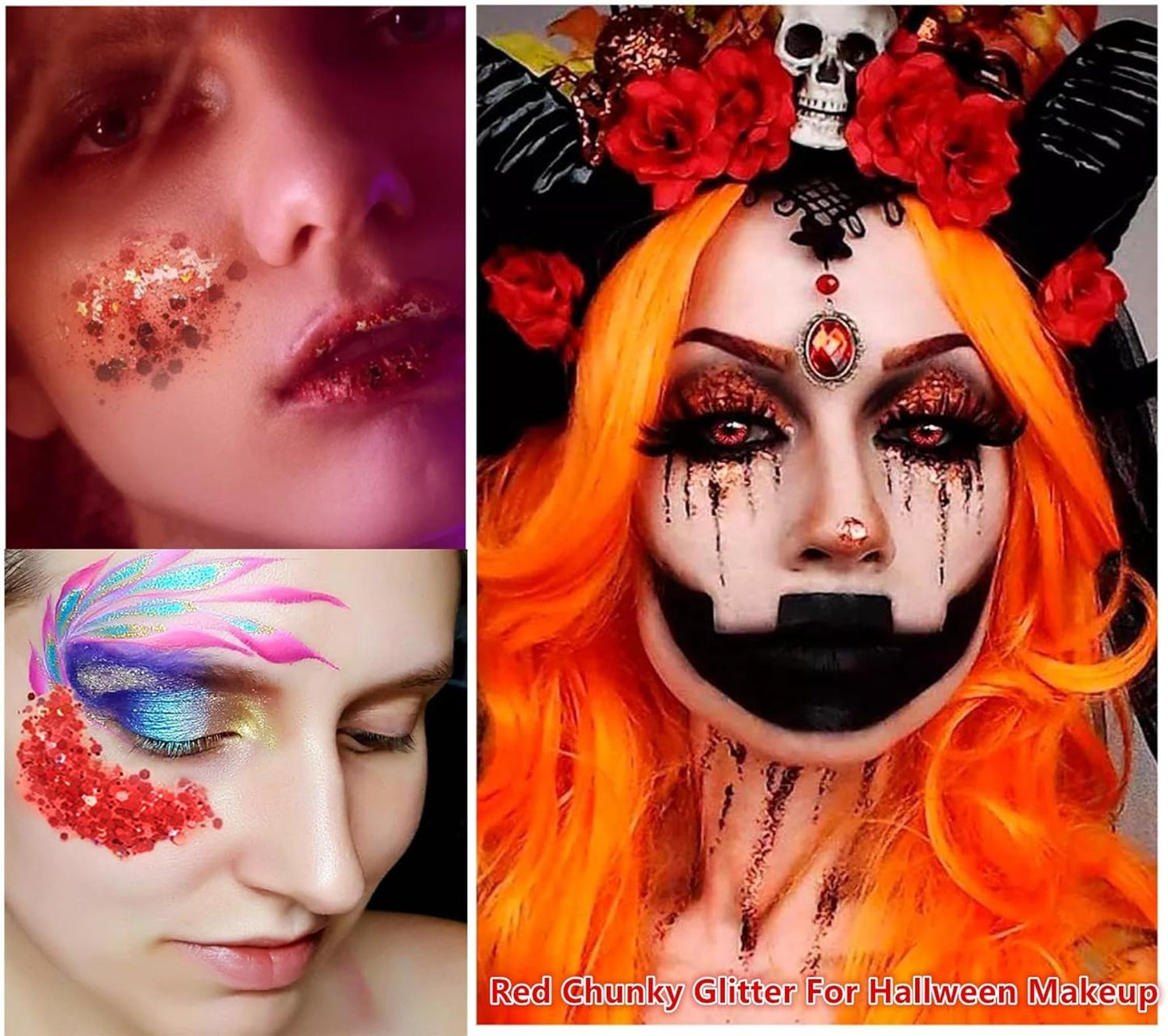 Go Ho Red Face Body Glitter,Singer Concerts Red Face Paint Glitter Makeup,Holographic Chunky Sequins Glitters for Eye Lip Hair Nails,Festival Rave Accessories,52g