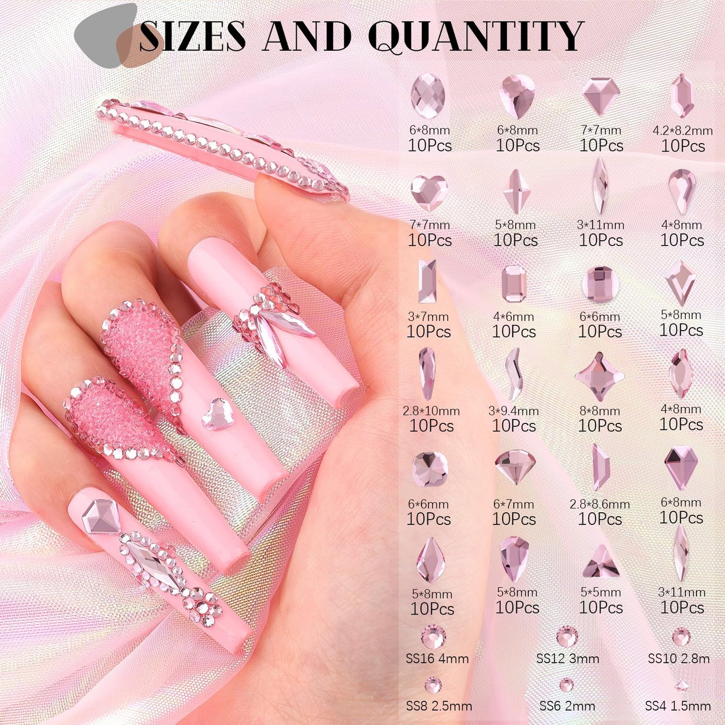 2750Pcs Pink Glass Nail Rhinestones 240Pcs Multi Shapes Flatback Nail Gems + 2510Pcs 1.5-4mm Round Crystal, Manicure Nail Charms Diamond Gemstones for Acrylic Nails Decoration