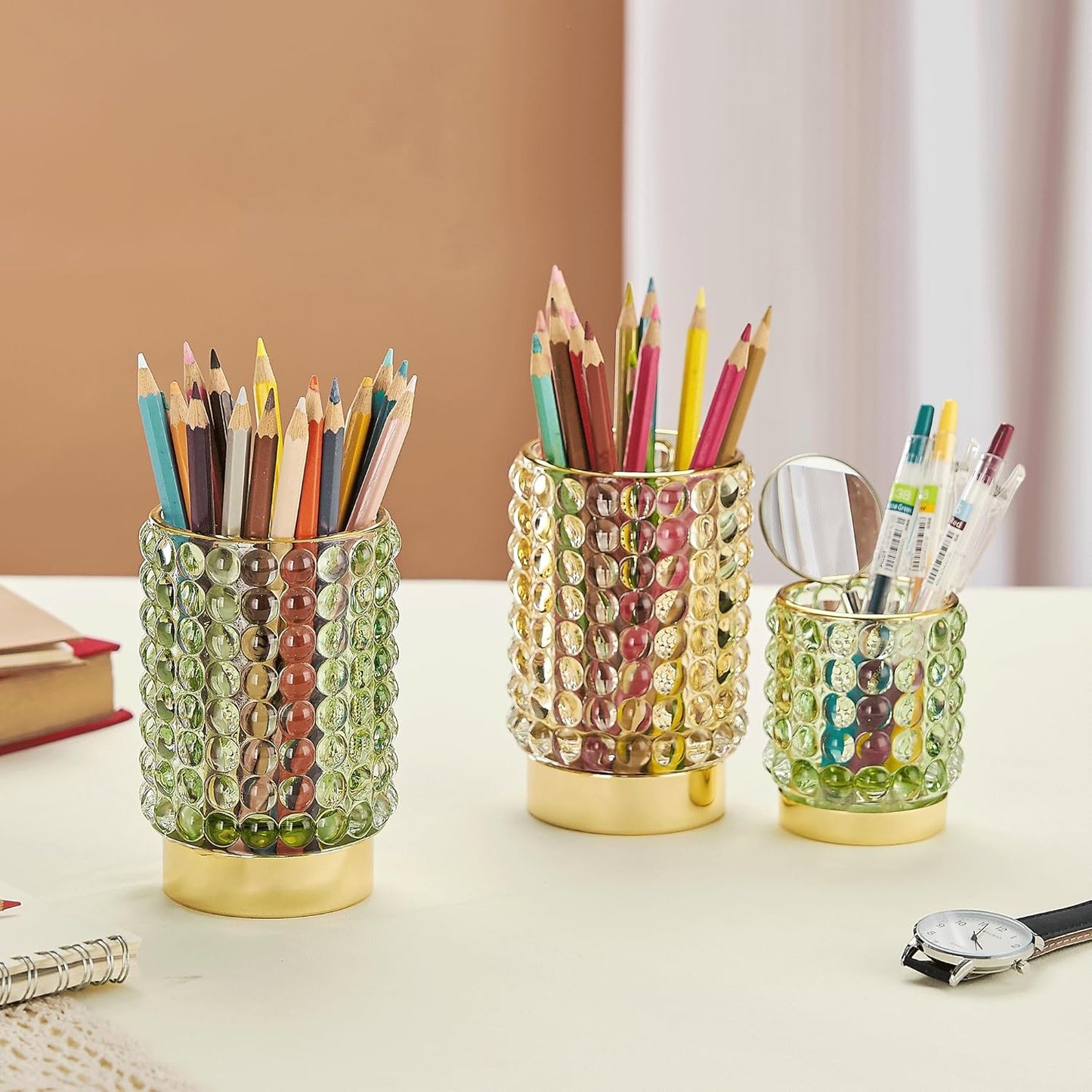 Makeup Brush Holder Organizer,Toothbrush Holders,Desk Pen Pencil Holder,Multifunctional Vintage Glass Brush Cup(A38-2-US/Green/L)