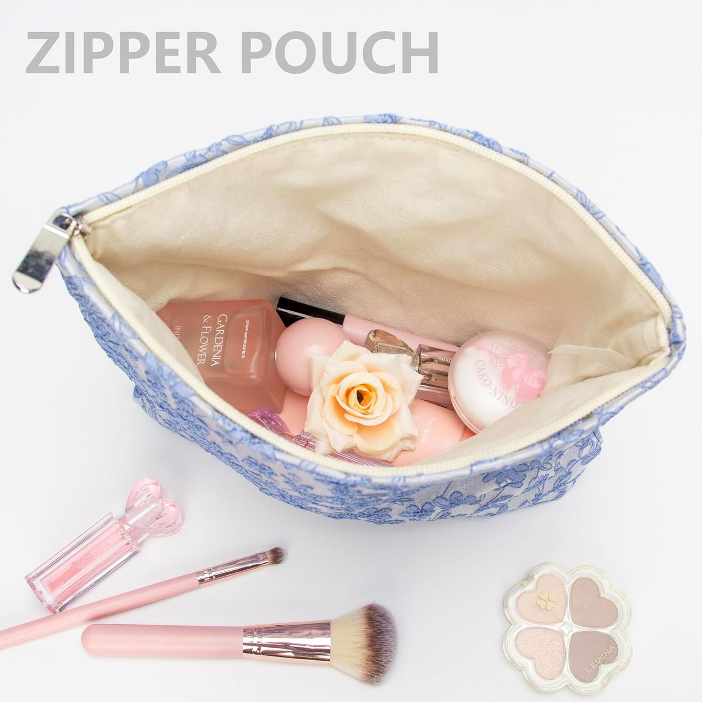 PAZIMIIK Makeup Bag Large Cotton Zipper Pouch for Purse Travel Canvas Make Up Organizer for Women Cosmetic,Brocade Silver