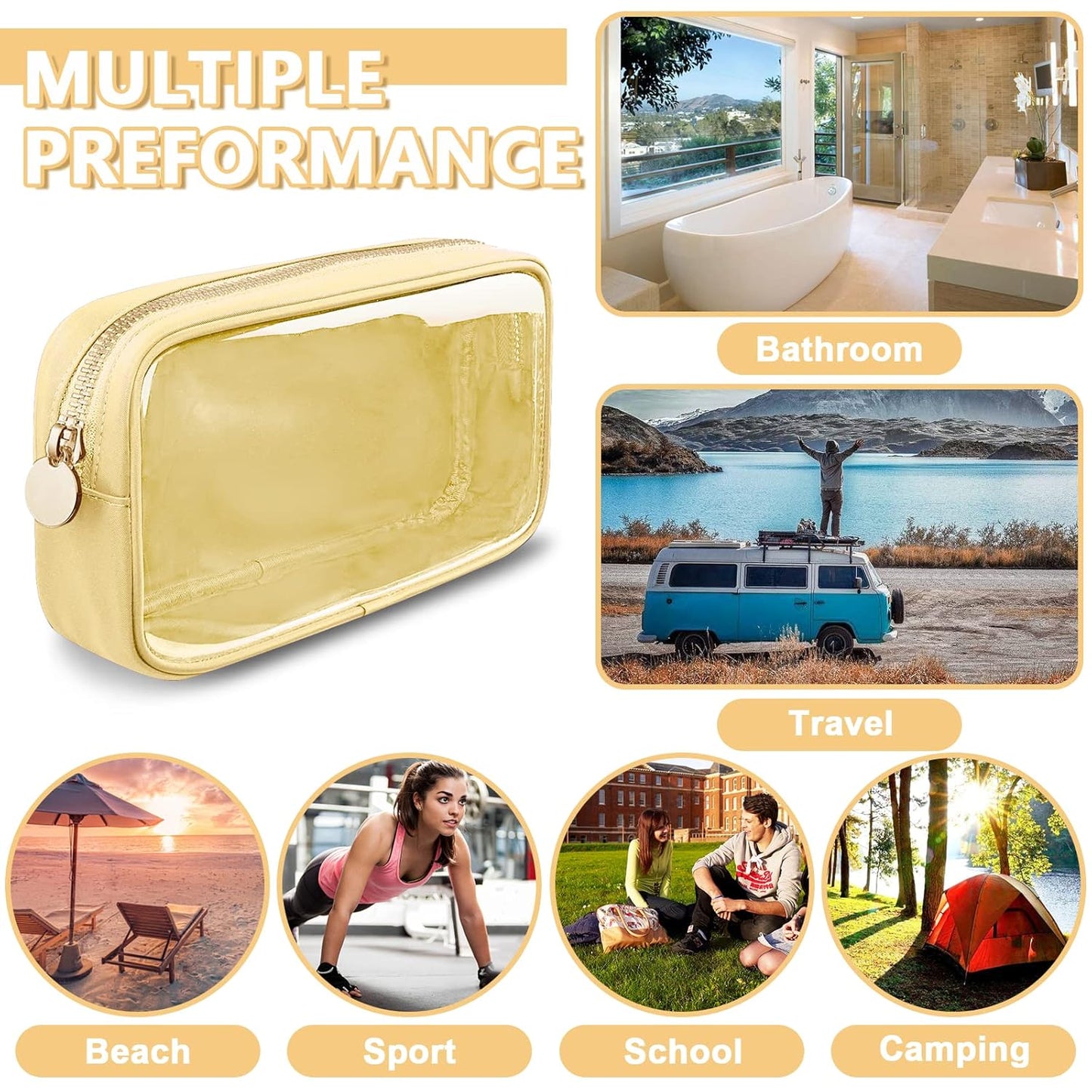 Clear Small Makeup Bag with Zipper, Nylon&PVC Cosmetic Travel Bag Preppy TSA Approved Toiletry Bag for Women Girls, Transparent Waterproof Makeup Pouches Cute Travel Bag for Purse(Small-Beige)