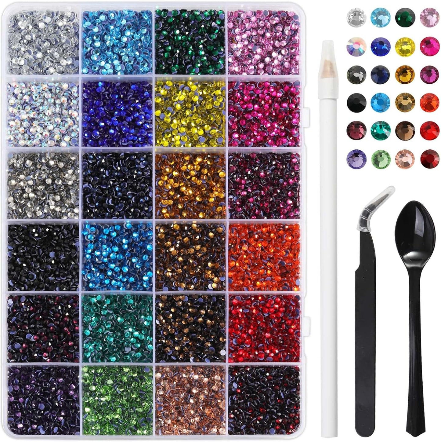 Hotfix Rhinestones Mixed 24 Colors, SS6 Rhinestones for Crafts Clothes, Hotfix Crystals with 1 Tweezers, 1 Wax Pencil and 1 Spoon