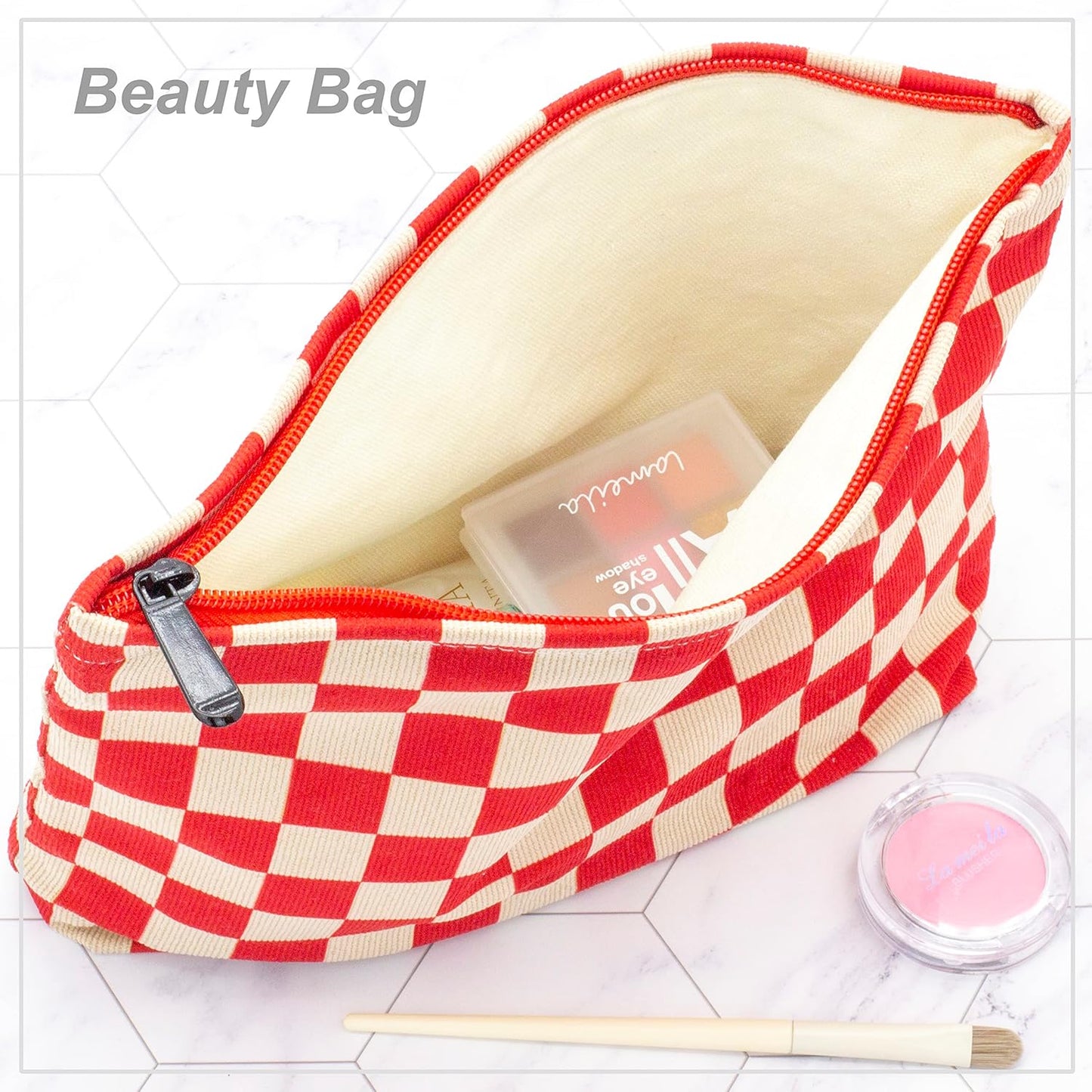 PAZIMIIK Makeup Bag Large Zipper Corduroy Make Up Pouch for Purse Travel Canvas Cosmetic Organizer for Women Brush Storage,Checkered Red