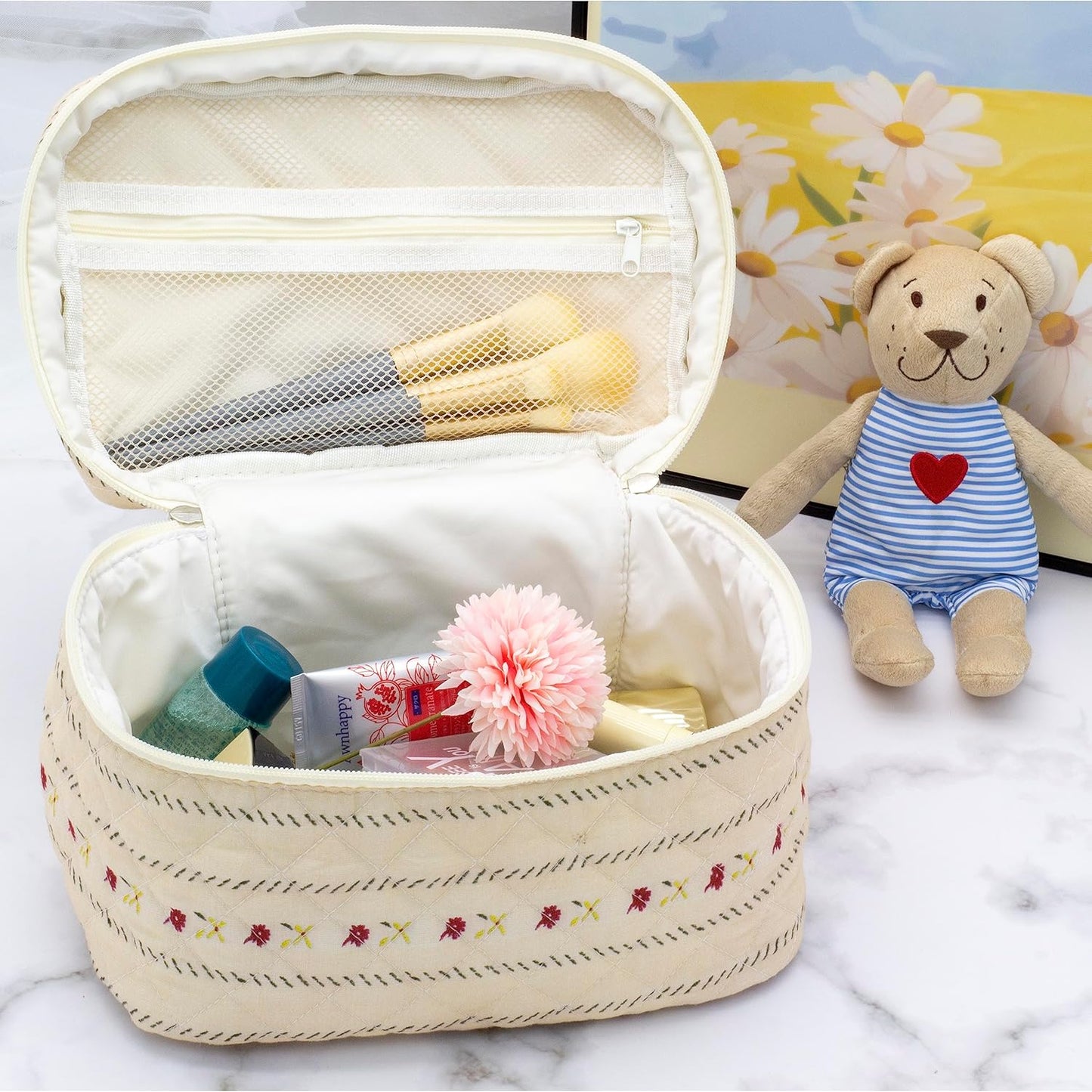 PAZIMIIK 3PCS Makeup Bag SET Large Travel Quilted Zipper Soft Cosmetic Case Pouch for Women Girls Make Up,Little Flower Beige