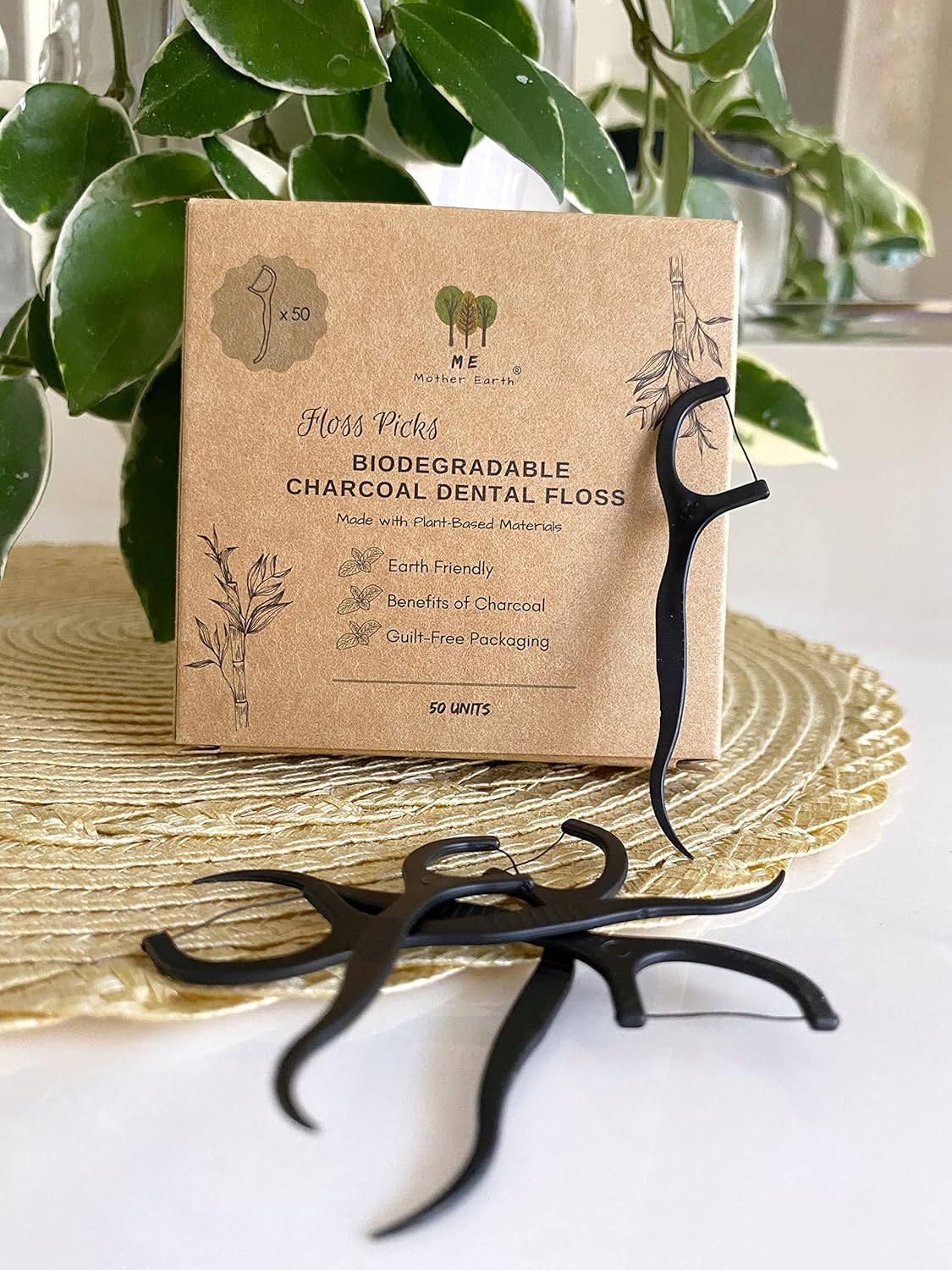 Me Mother Earth Vegan Biodegradable Dental Floss Picks (200 Count) - Natural | Sustainable | Eco-Friendly | Charcoal Dental Flossers for a Zero Waste Oral Care (3 Inch)