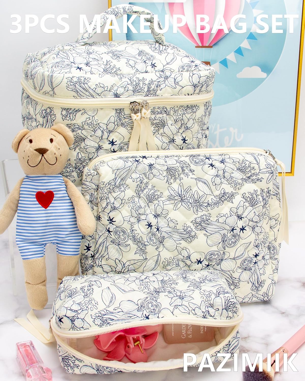 PAZIMIIK 3PCS Makeup Bag SET Large Travel Quilted Zipper Soft Cosmetic Case Pouch for Women Girls Make Up,Flower White