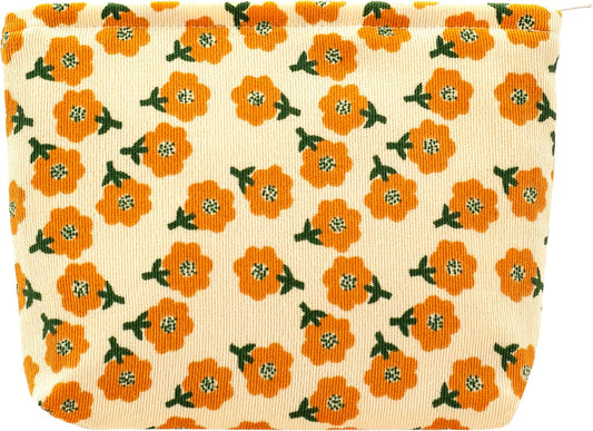 PAZIMIIK Makeup Bag Large Zipper Corduroy Make Up Pouch for Purse Travel Canvas Cosmetic Organizer for Women Brush Storage,Flower Yellow