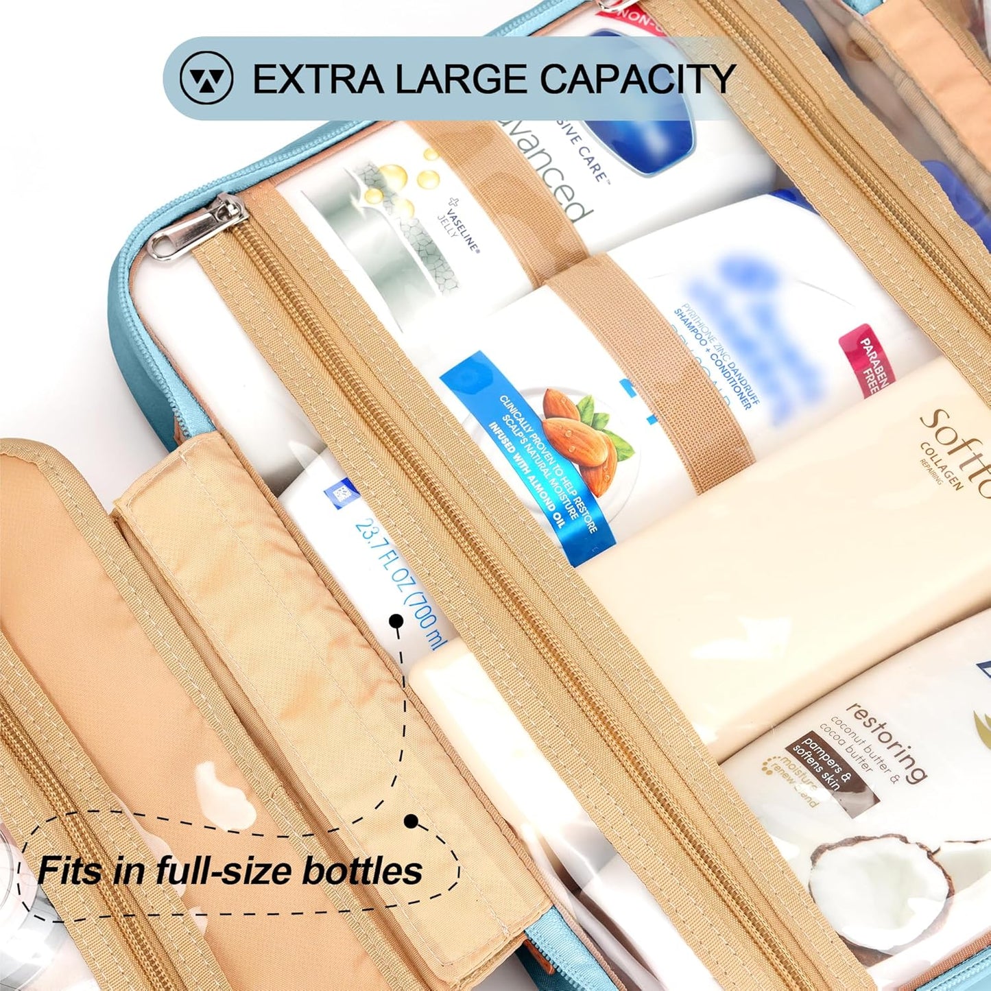 Travel Hanging Toiletry Bag for Women, Cruise Ship Essentials, with Jewelry Organizer, Extra Large Makeup Dopp Kit, Waterproof Cosmetic Bags, Toiletries Kit Set with Trolley Belt, Sky Blue