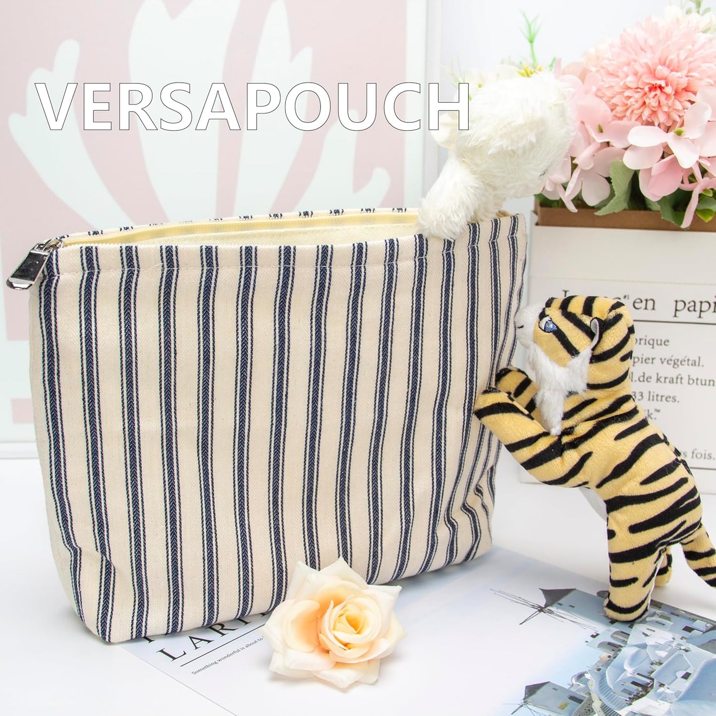 PAZIMIIK Makeup Bag Large Cotton Zipper Pouch for Purse Travel Canvas Make Up Organizer for Women Cosmetic,Vintage Stripe Navy Blue