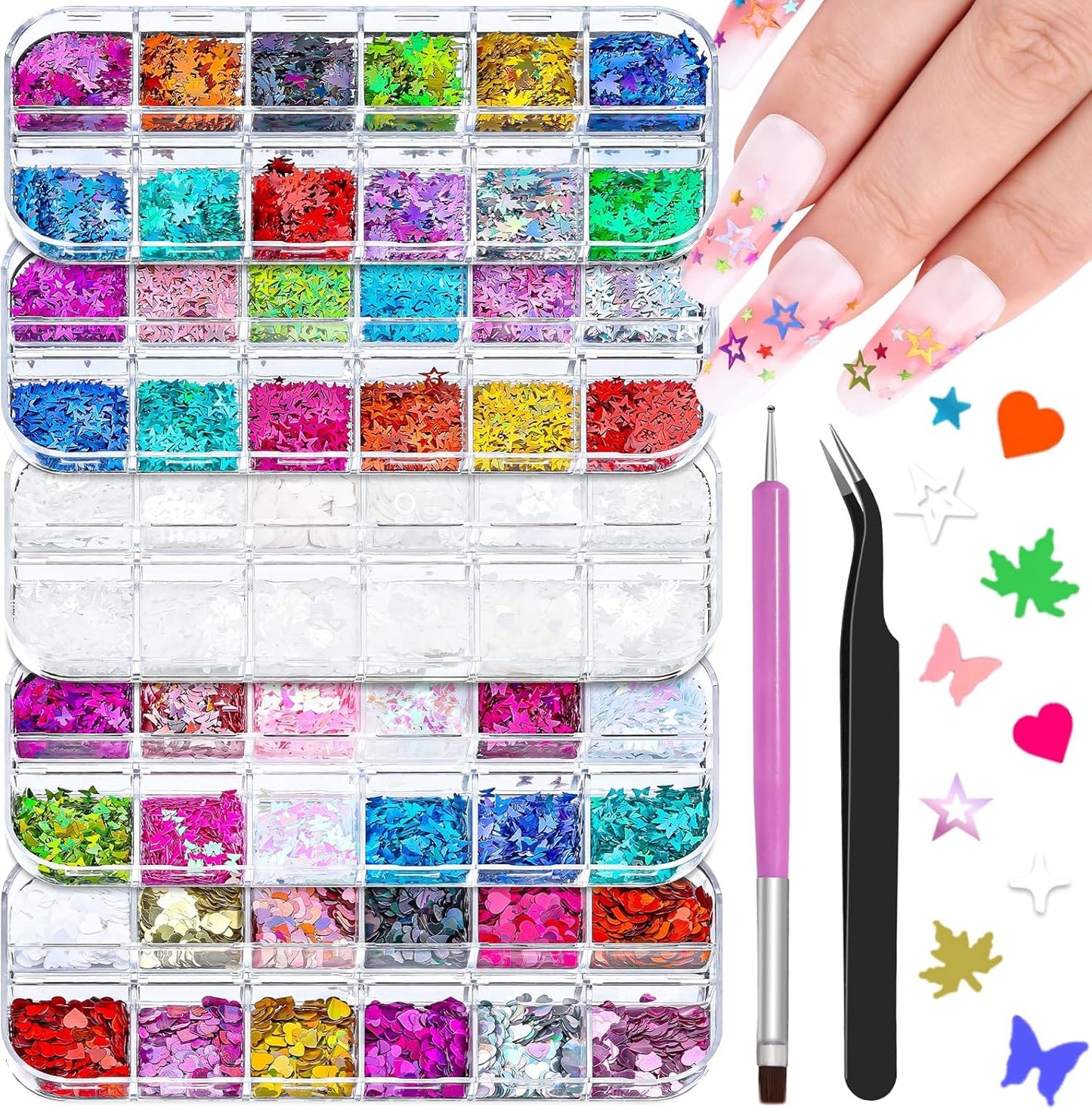 5 Boxes 60 Colors Holographic Nail Art Sequins Kit, Iridescent Sparkle Laser Hollow 3D Star Butterfly Heart Round Mixed-shapes Nail Glitter Flakes for Manicure Body Makeup Craft DIY (1-colorful-kit1)