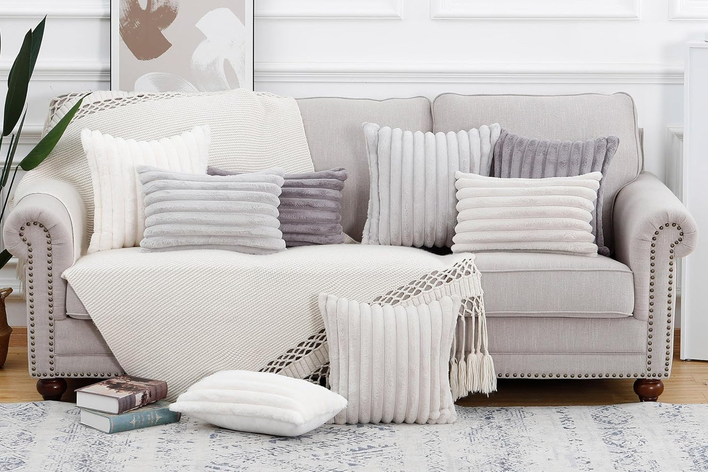 MADIZZ Set of 2 Faux Wool Plush Decorative Throw Pillow Covers 12x20 Inch Light Grey Fluffy Striped Soft Decorative Cushion Cover for Sofa Bedroom Pillow Shell