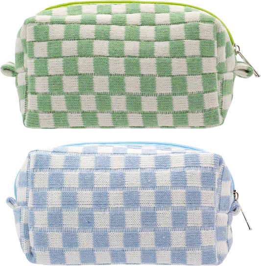 PAZIMIIK Checkered Makeup Bag for Purse Portable Zipper Make Up Pouch Small Cosmetic Case for Travel Accessories (2PCS Blue Light Green)