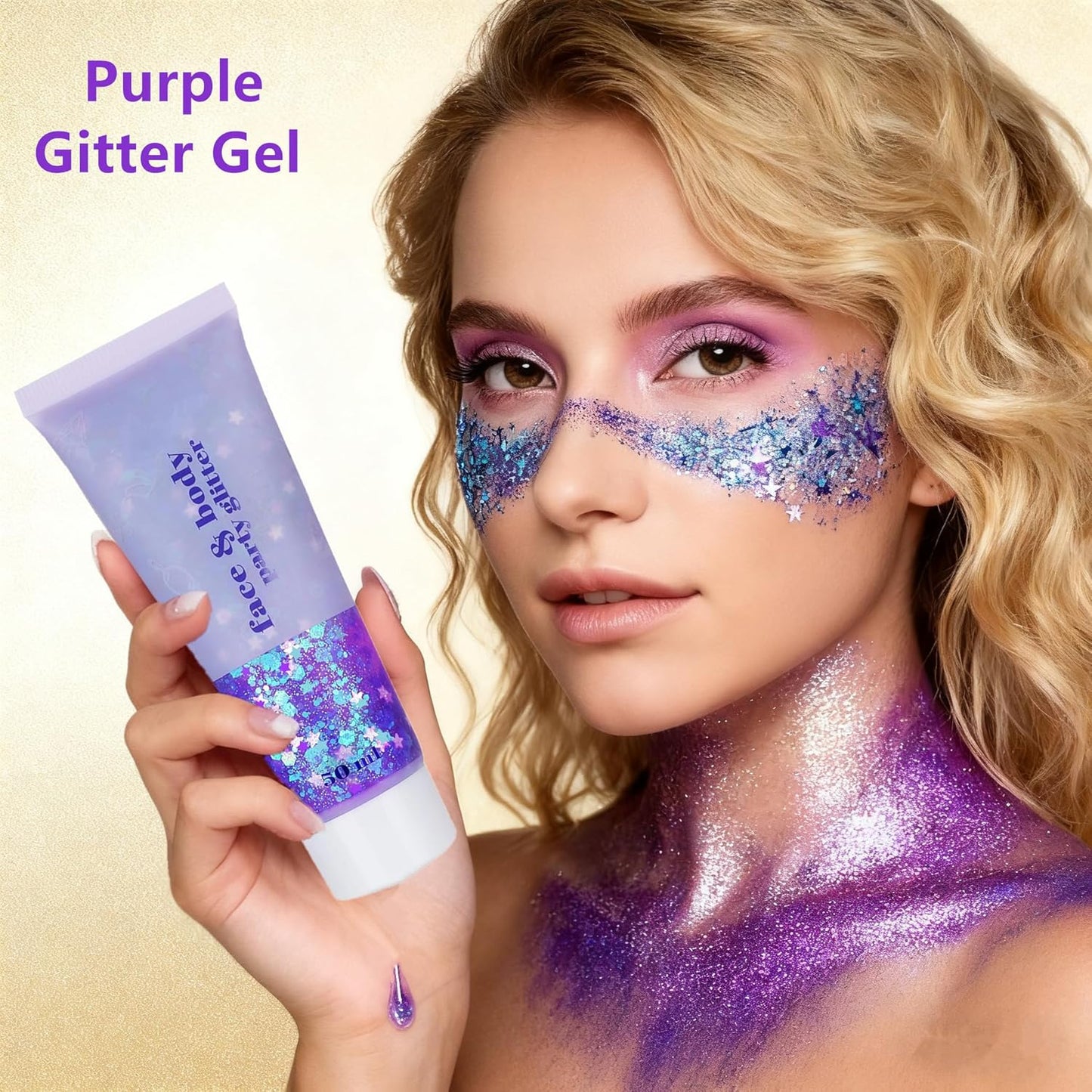 Go Ho Mermaid Purple Face Body Glitter Gel,Holographic Purple Hair Glitter,Mardi Gras Outfit for Women Kids,Chunky Sequins Glitters for Eye Lip Nails,Festival Rave Accessories