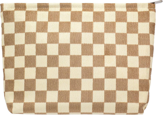 PAZIMIIK Makeup Bag Large Zipper Corduroy Make Up Pouch for Purse Travel Canvas Cosmetic Organizer for Women Brush Storage,Checkered Light Brown