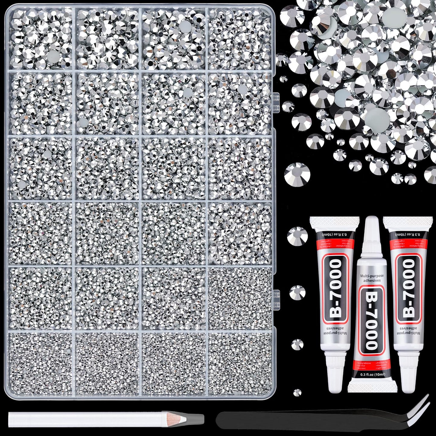 25000Pcs Resin Rhinestones with Tweezers for Crafting, Silver 2-6mm Mixed Sizes Bedazzling Crystal with 3Pcs 10ml B7000 Jewelry Glue for DIY Crafts Clothing Tumblers Shoes Fabric Nail Art