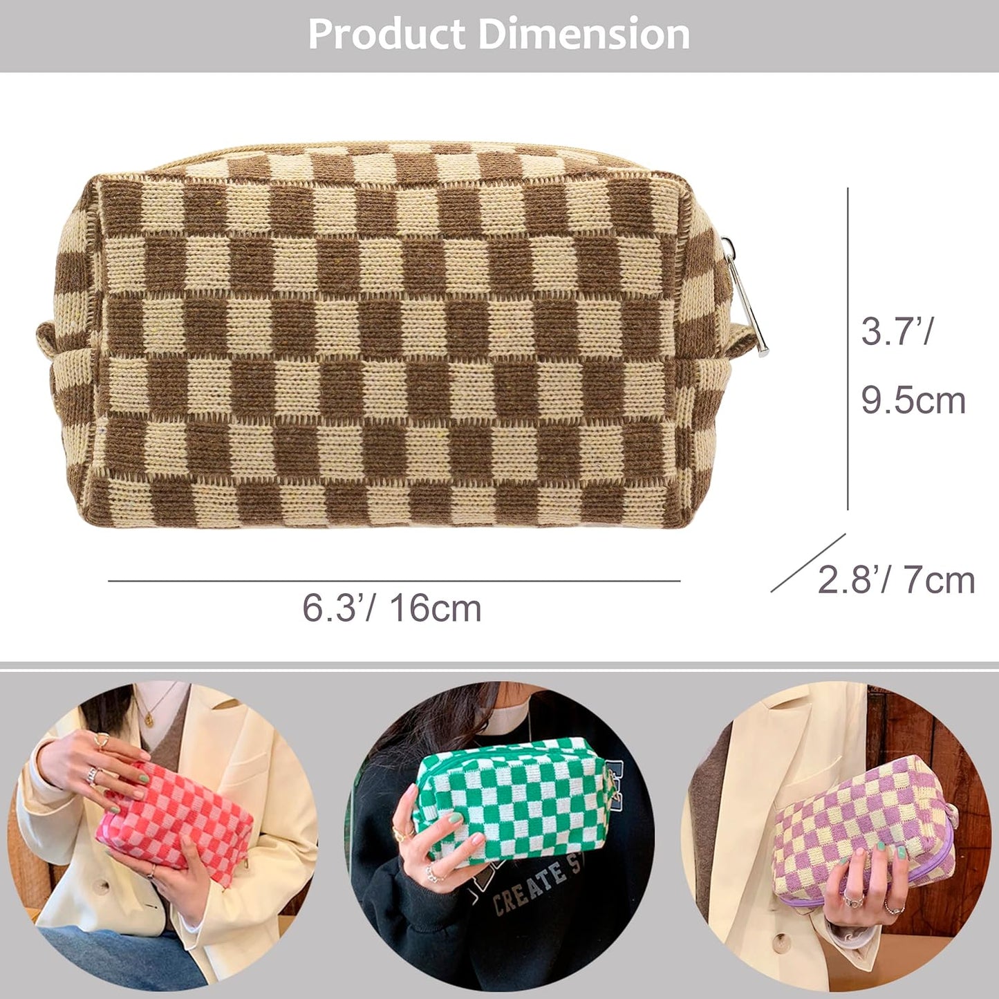 PAZIMIIK Checkered Makeup Bag for Purse Portable Zipper Make Up Pouch Small Cosmetic Case for Travel Accessories (6PCS Coffee)