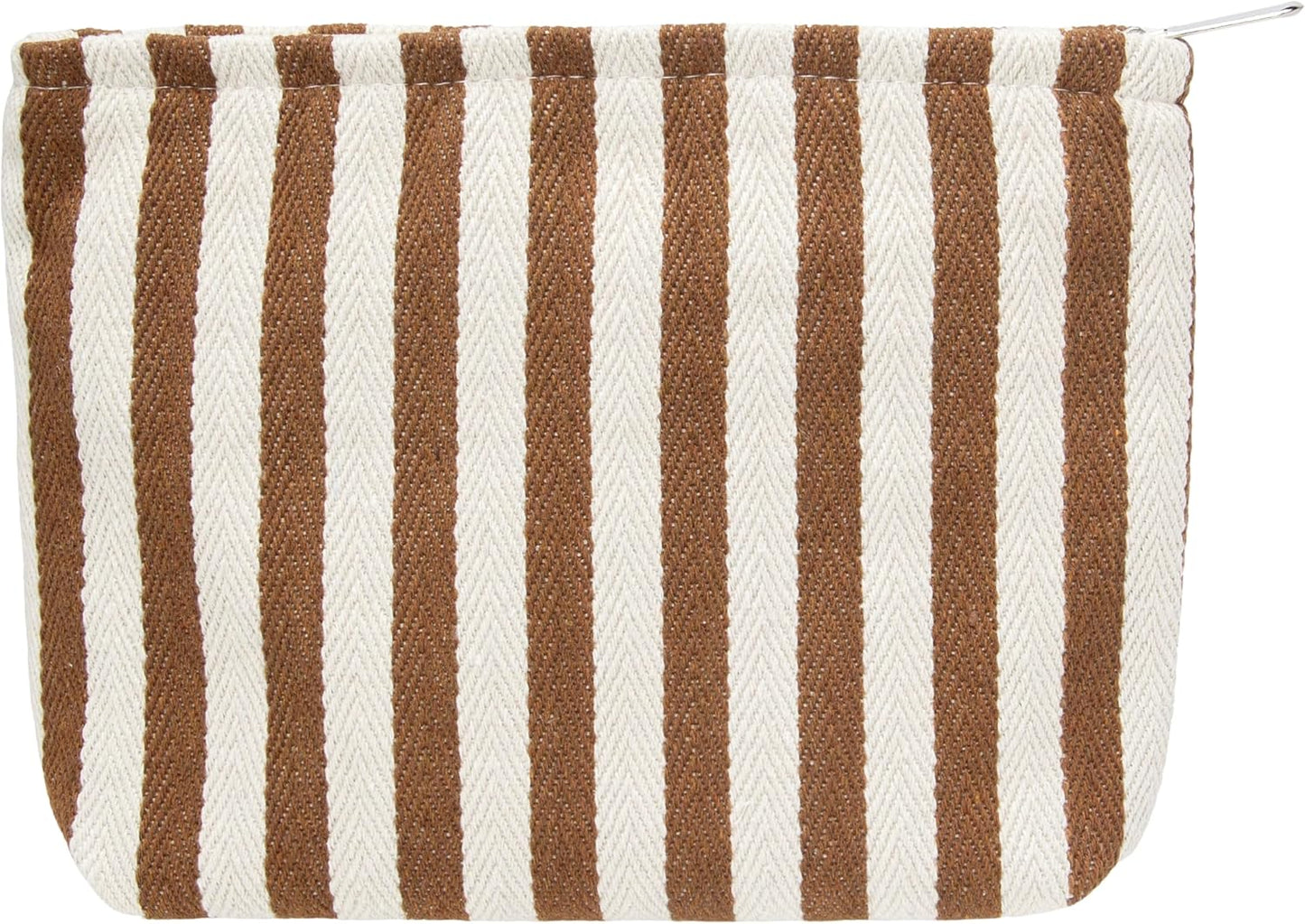 PAZIMIIK Makeup Bag Large Cotton Zipper Pouch for Purse Travel Canvas Make Up Organizer for Women Cosmetic,Stripe Coffee