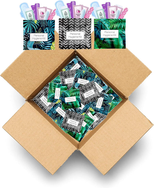 30 x Menstrual All-in-One Kits - Assorted Colors | Convenience on The Go | Single Period Kit Packs | Individually Wrapped Feminine Hygiene Products (Black Treads/Blue Forest/Green Ferns)