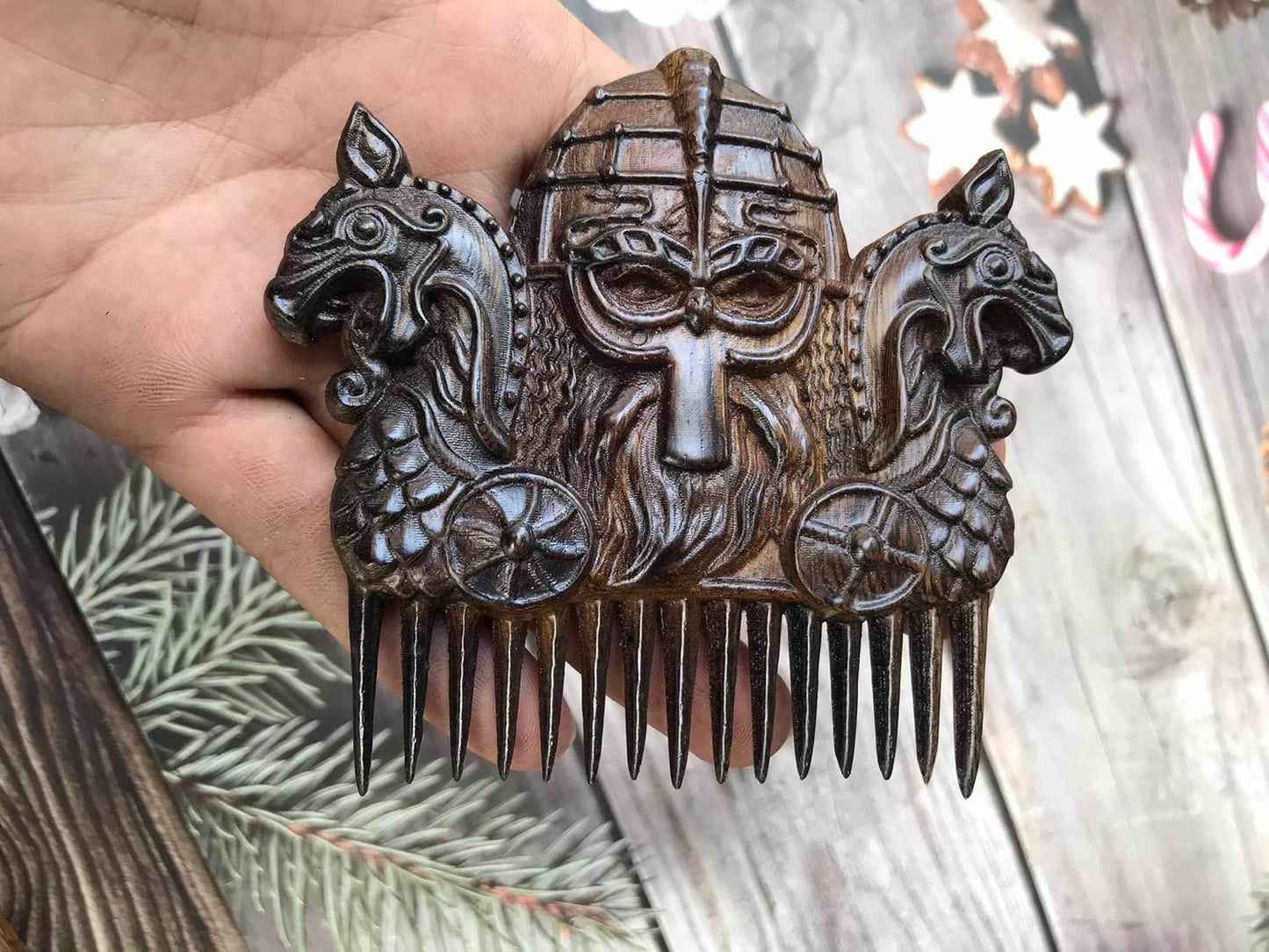 Handicraftviet Hand-Carved Wooden Comb, Wooden Viking Comb for Men's Hair, Beard, and Mustache, Great Gift - Natural Wood