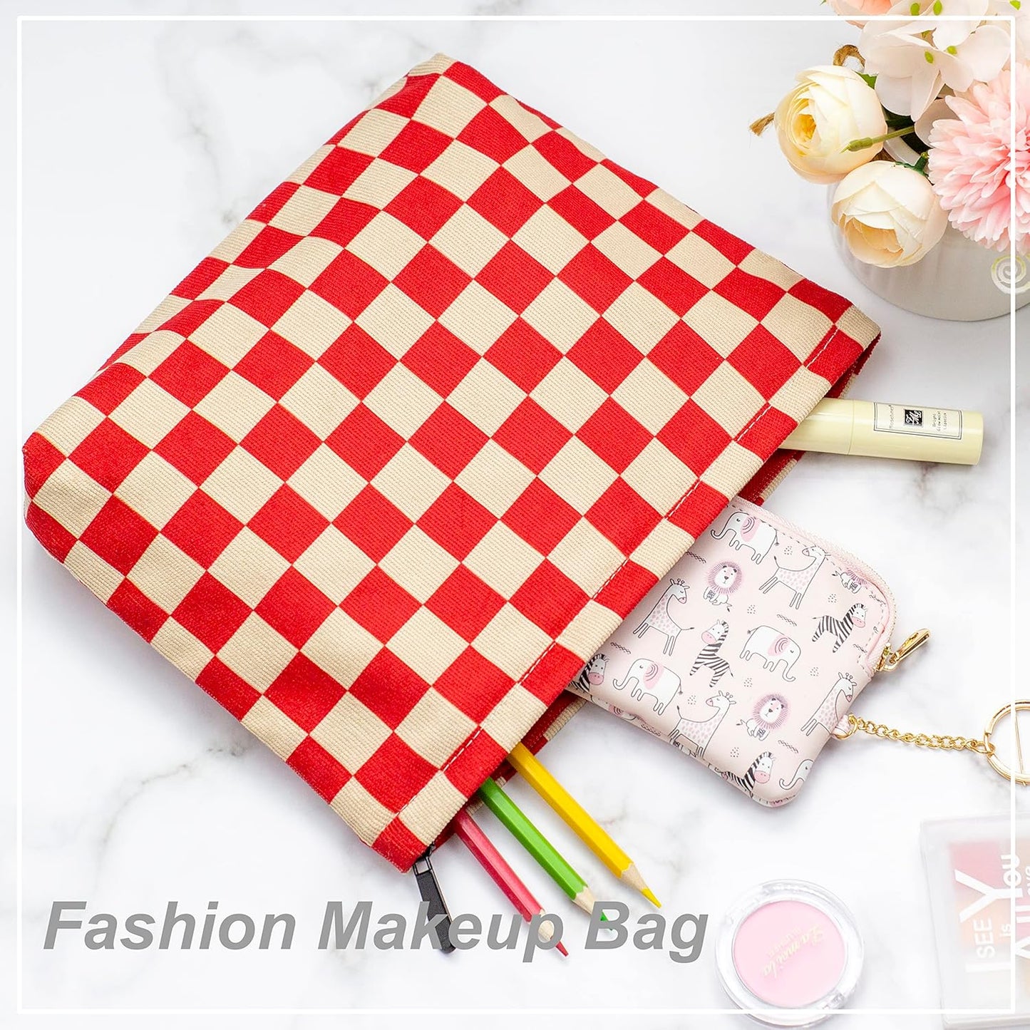 PAZIMIIK Makeup Bag Large Zipper Corduroy Make Up Pouch for Purse Travel Canvas Cosmetic Organizer for Women Brush Storage,Checkered Red