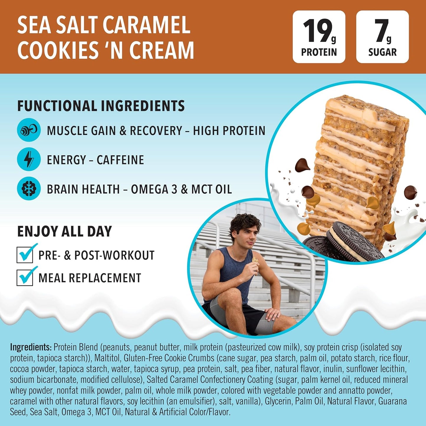 JiMMYBAR! - Sea Salt Caramel Cookies N' Cream - 19g High Protein Bars - 7g Sugar - 12 Count - 58g Health Bars - Natural Peanut Butter Core - Caffeinated Protein Bar For Energy- Hand Drizzled Chocolate