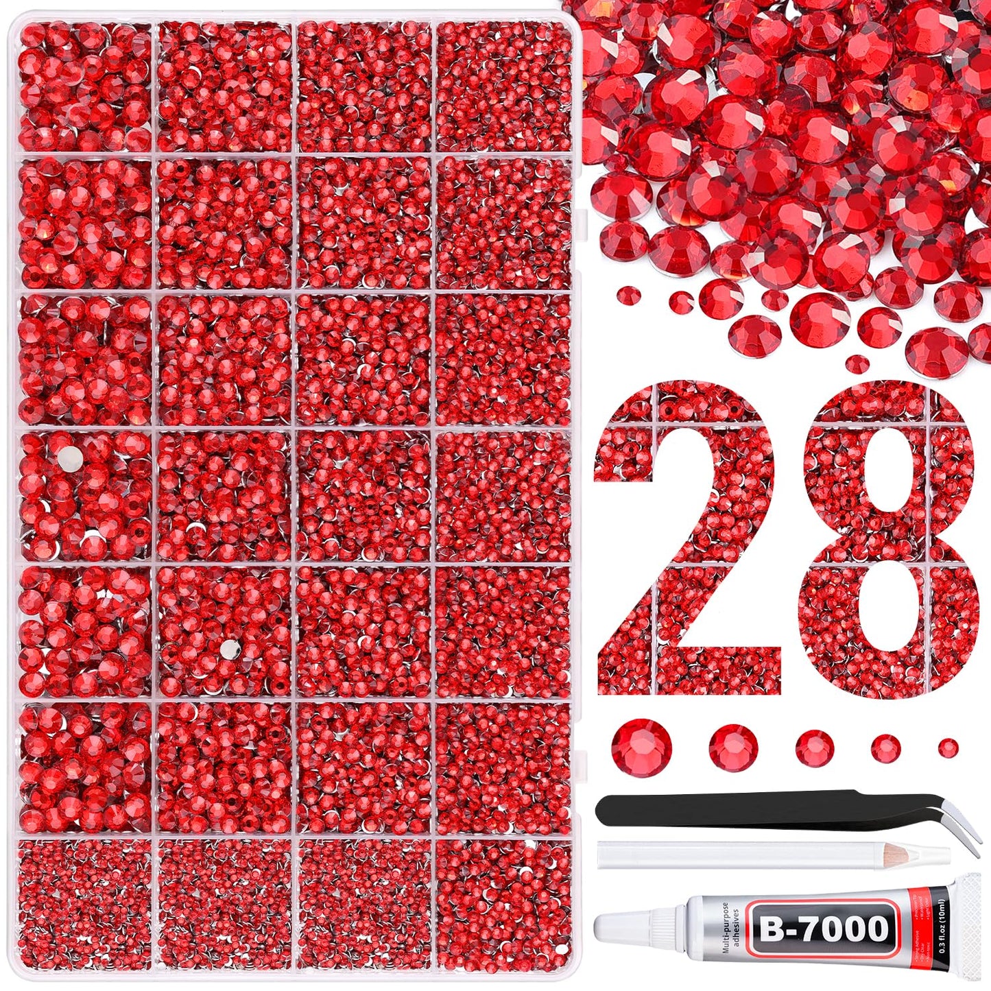 30000Pcs Resin Rhinestones for Bedazzling with Tweezers, Red Rhinestones for Crafting with B7000 Jewelry Glue for DIY Crafts Clothing Tumblers Shoes Fabric Nail Art